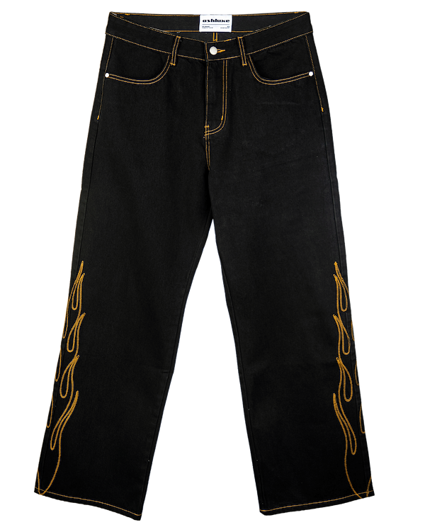 Ashluxe Flame Embroidered Denim Pants Black