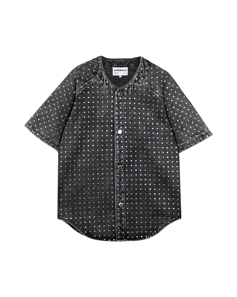 Ashluxe Relaxed Rhinestone Denim Shirt Black