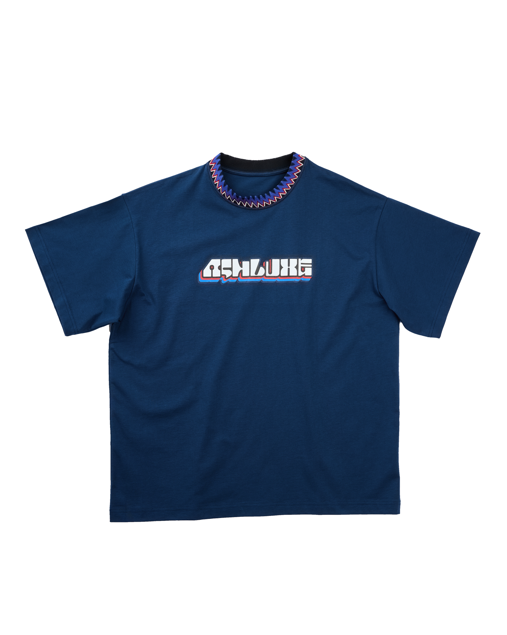 Knitted Neck Rib Logo T-shirt Blue