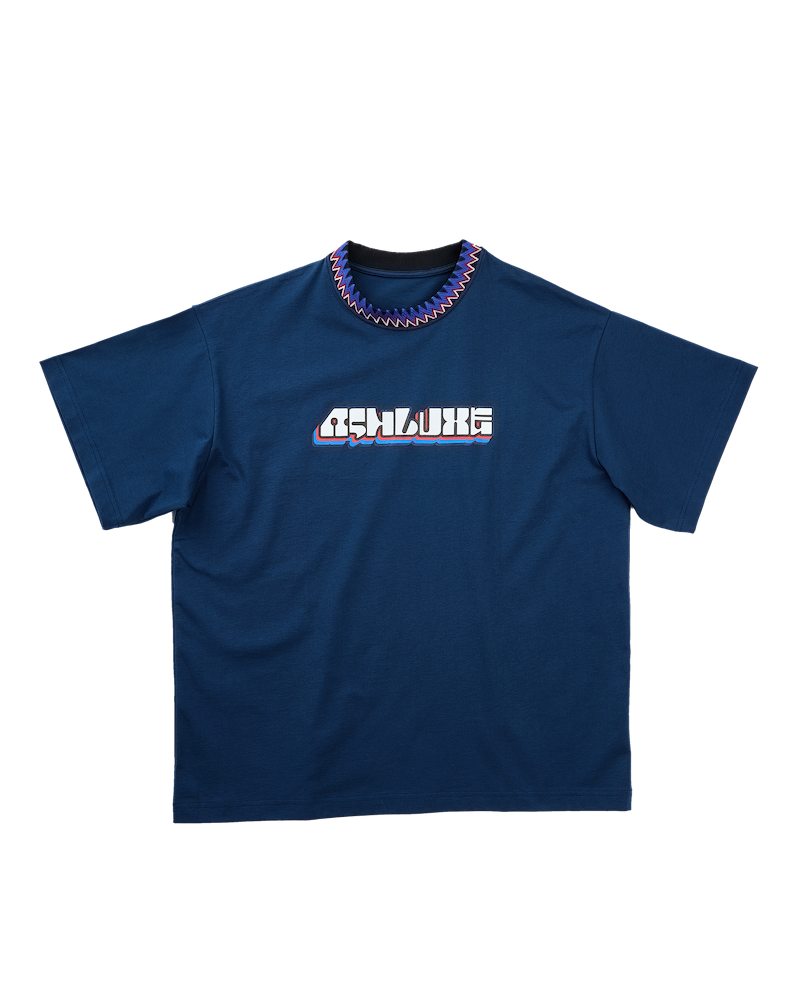 Knitted Neck Rib Logo T-shirt Blue