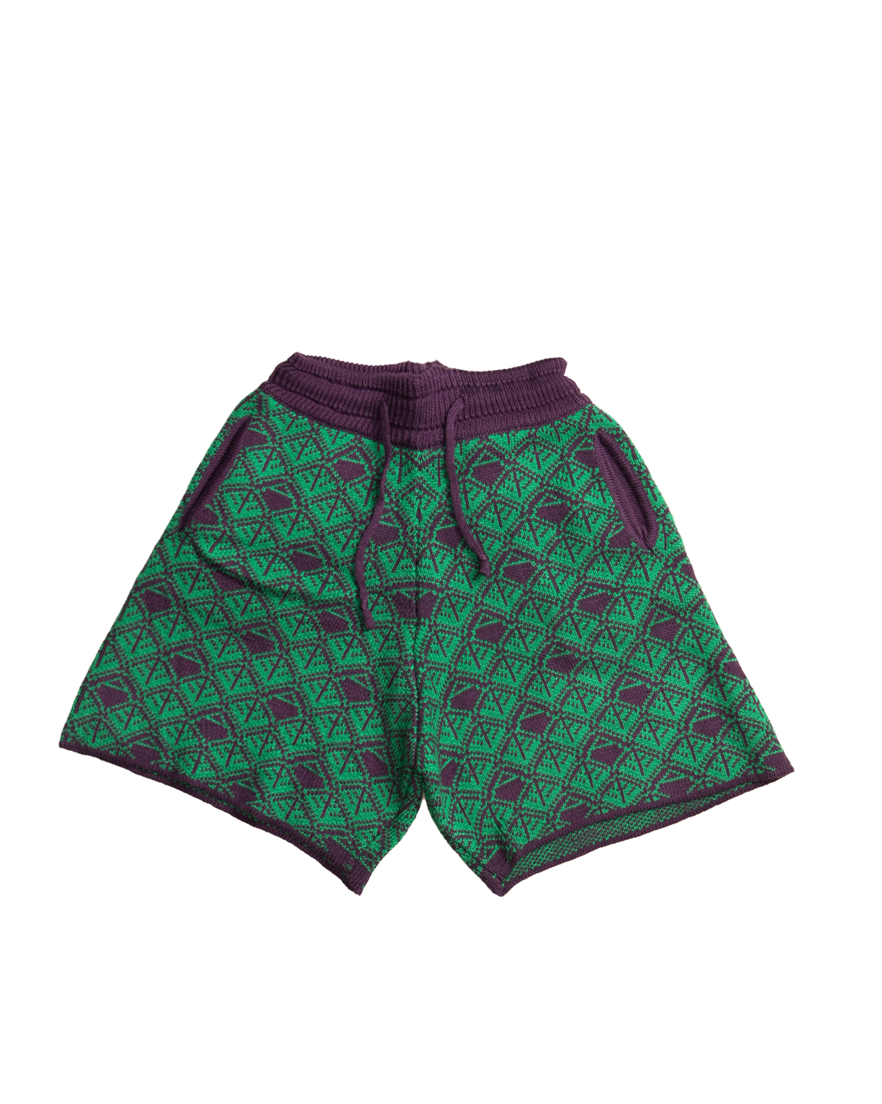 Ashluxe Monogram Knitted Shorts in Purple and Green with drawstring waist and geometric knit pattern.