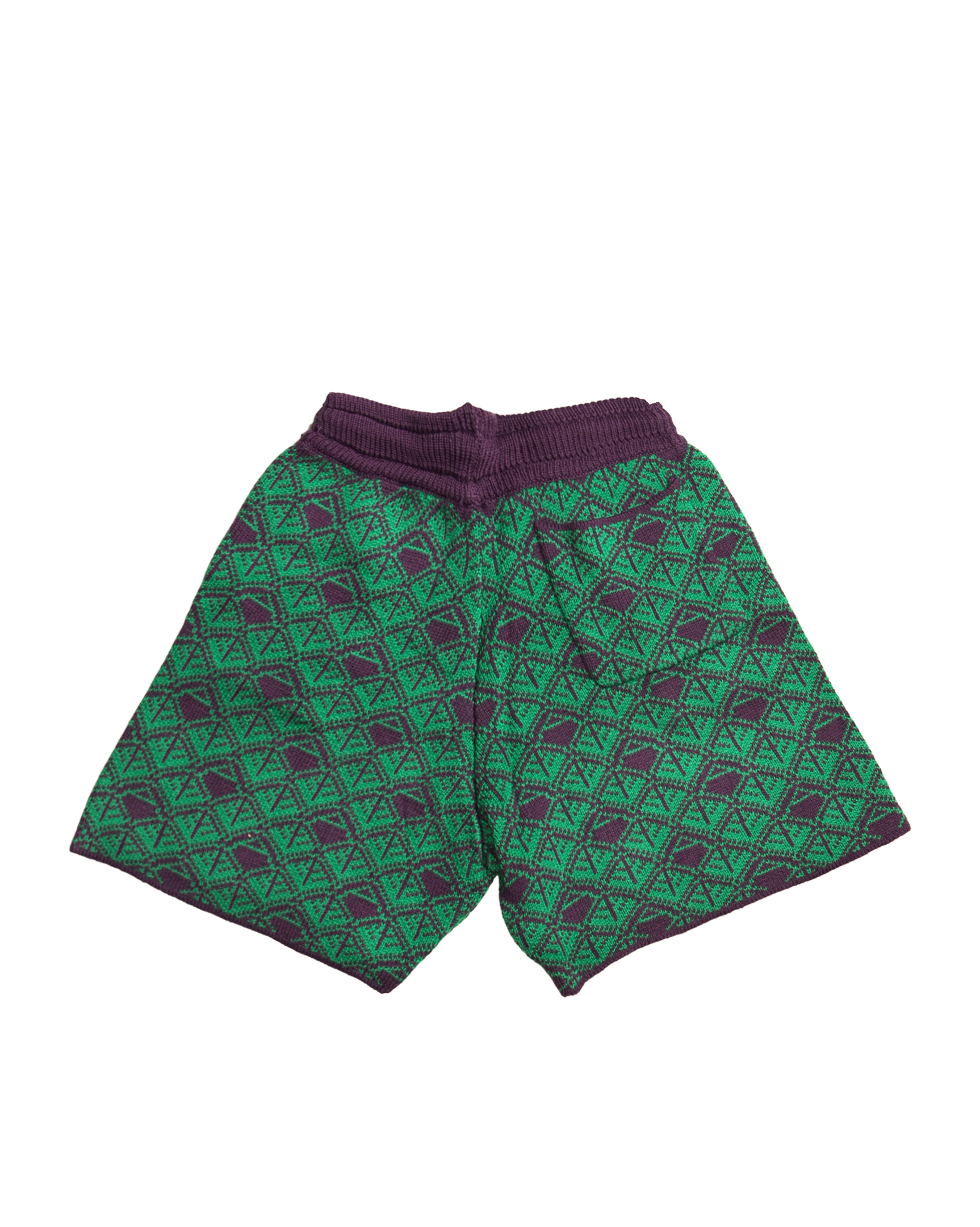 Ashluxe Monogram Knitted Shorts in Purple and Green with drawstring waist and geometric knit pattern.