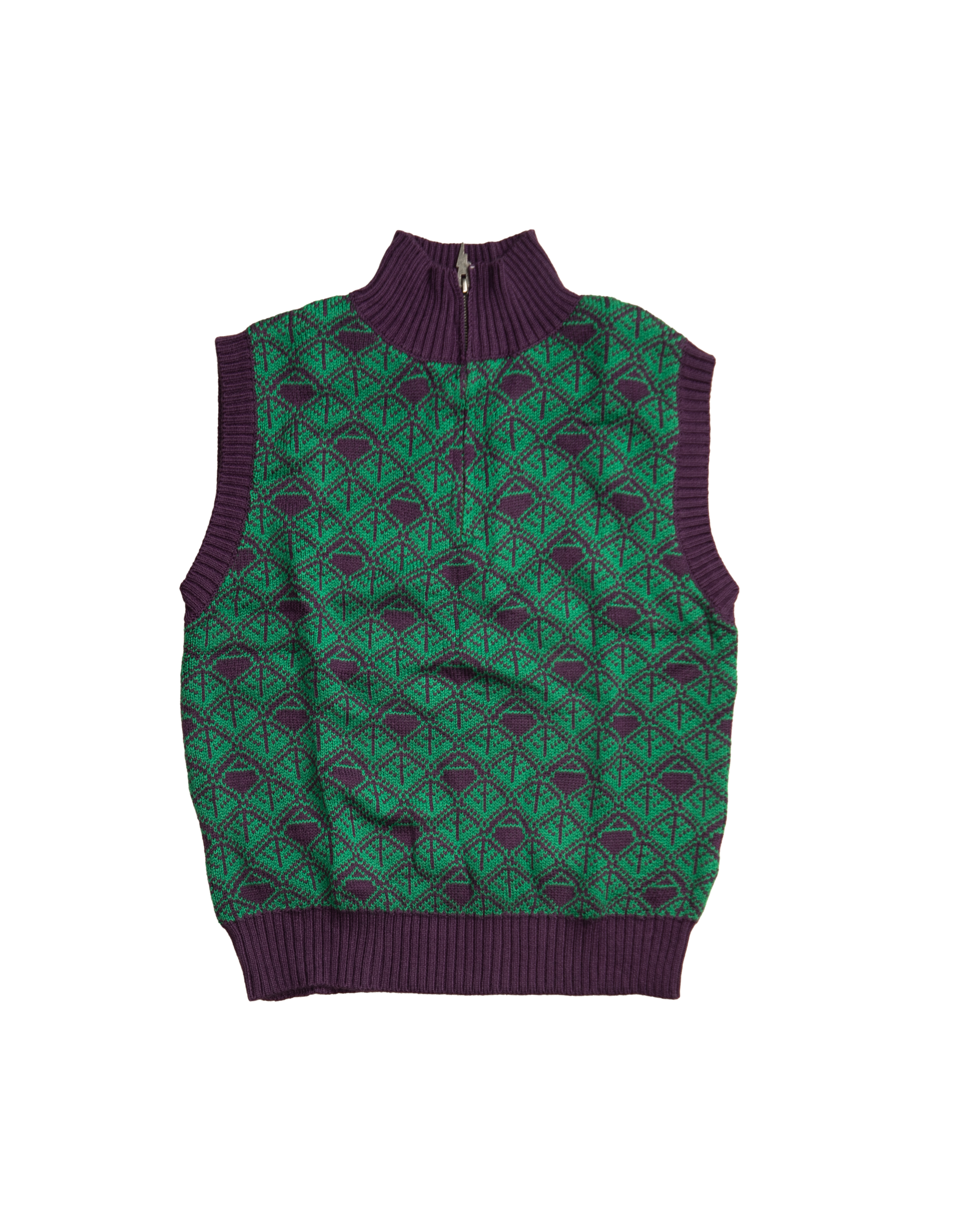 Ashluxe Zip Monogram Knitted Vest in Purple and Green with half-zip neckline and geometric monogram pattern.