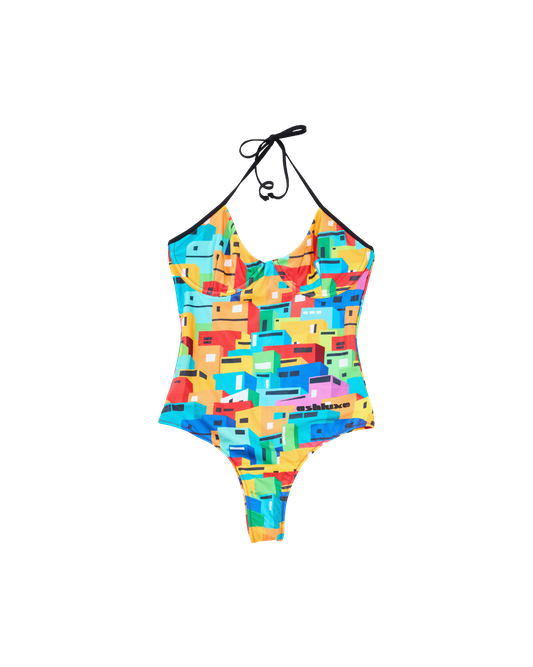 Urban Mosaic Print High Leg Swimsuit Multi
