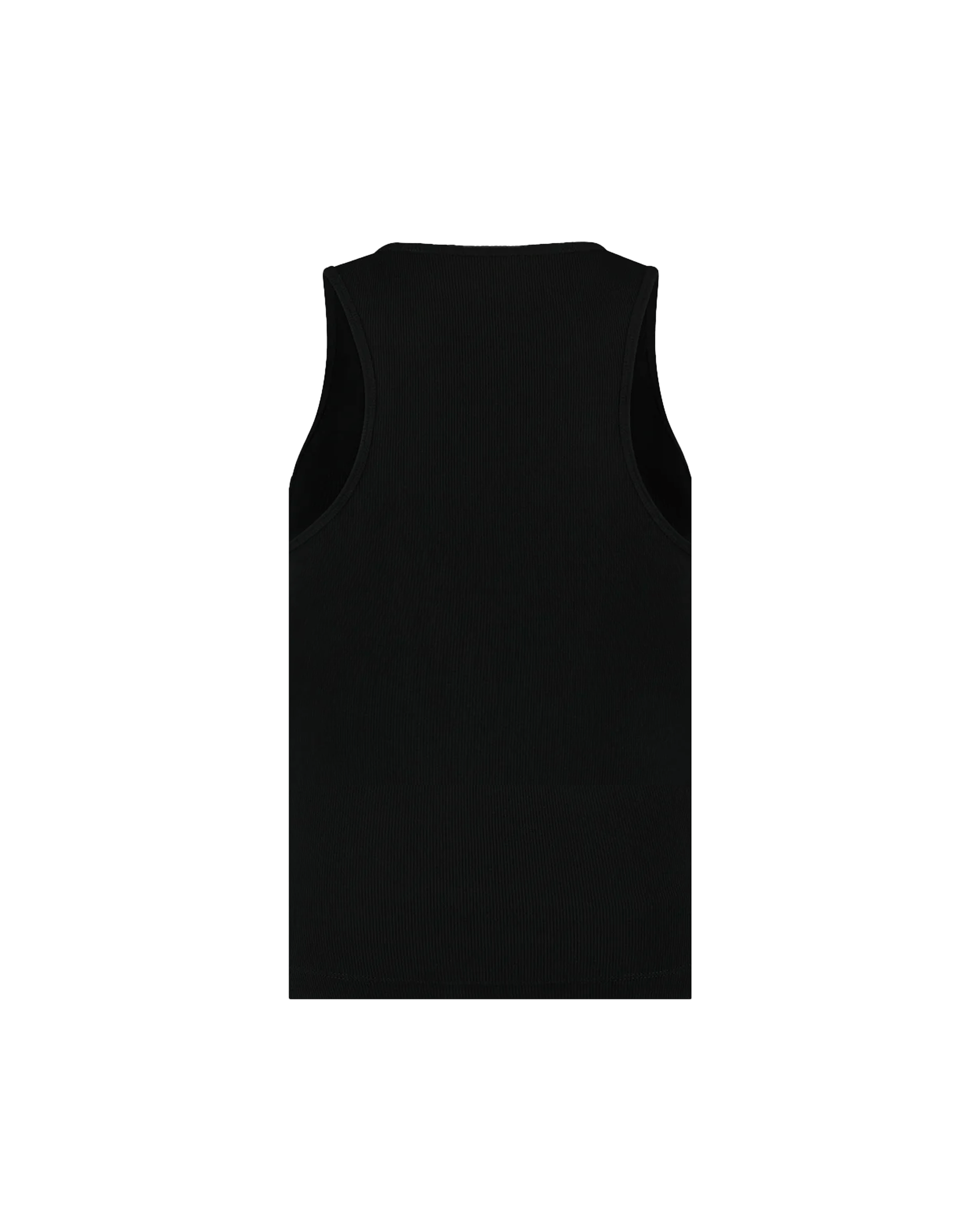 Ashluxe Logo Tank Top in Black with white Ashluxe logo printed on the chest, sleeveless ribbed design for a sleek minimalist look - back view.