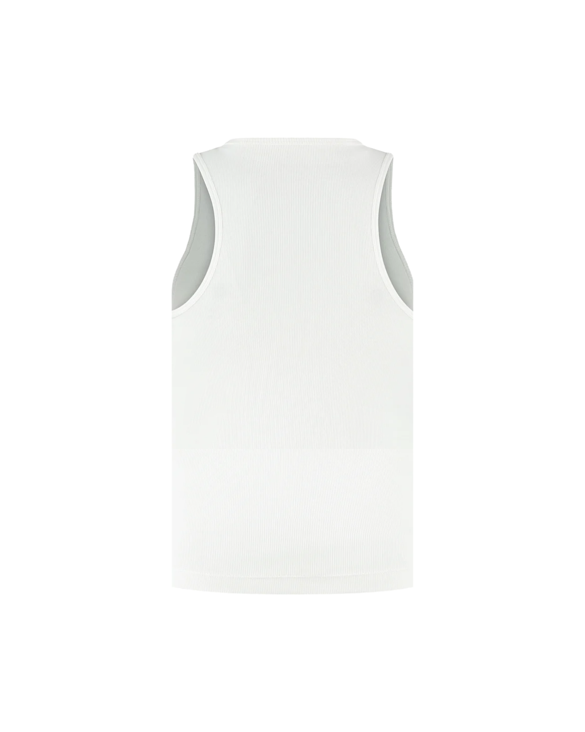 Ashluxe Logo Tank Top in White with black Ashluxe logo printed on the chest, sleeveless ribbed design for a sleek minimalist look - back view.