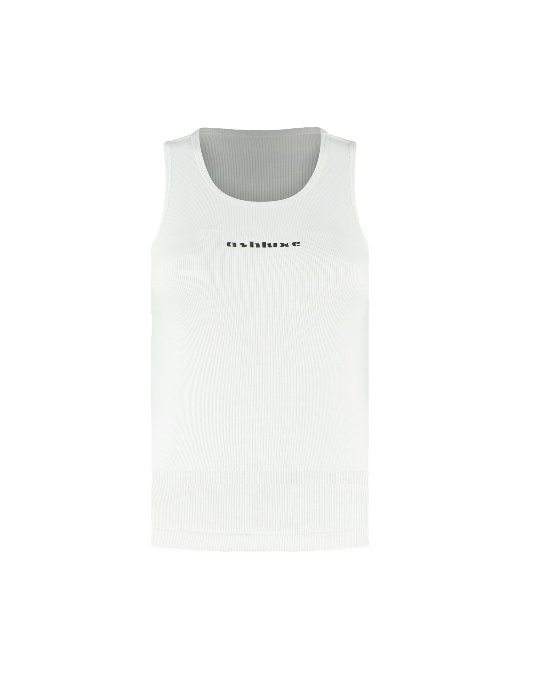 Ashluxe Logo Tank Top in White with black Ashluxe logo printed on the chest, sleeveless ribbed design for a sleek minimalist look.