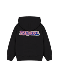 Ashluxe Patch Logo Hoodie in black featuring a multicolor graphic patch and oversized “A” badge on the chest - back view.