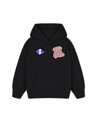 Ashluxe Patch Logo Hoodie in black featuring a multicolor graphic patch and oversized “A” badge on the chest.