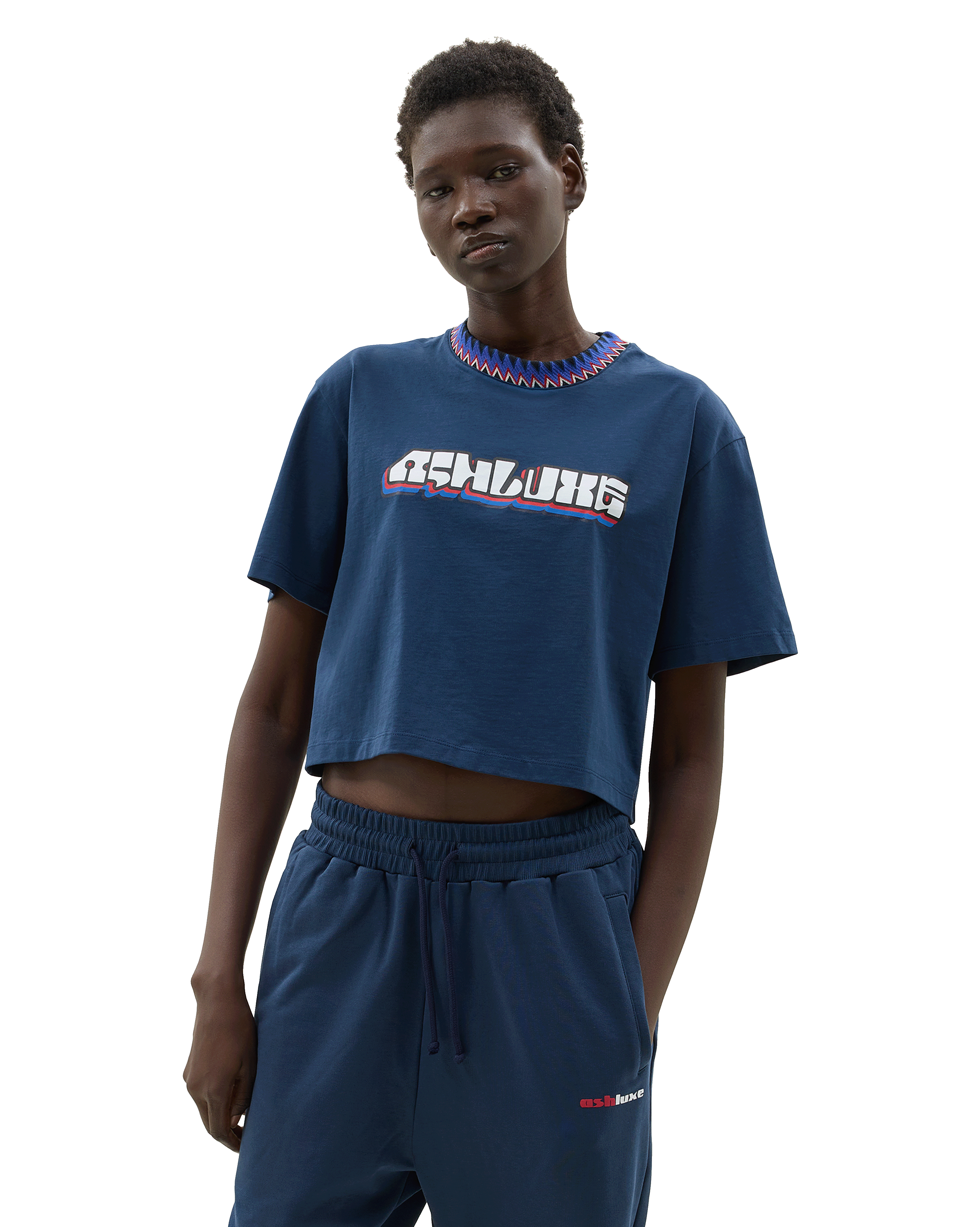 Knitted Neck Cropped T-Shirt Blue