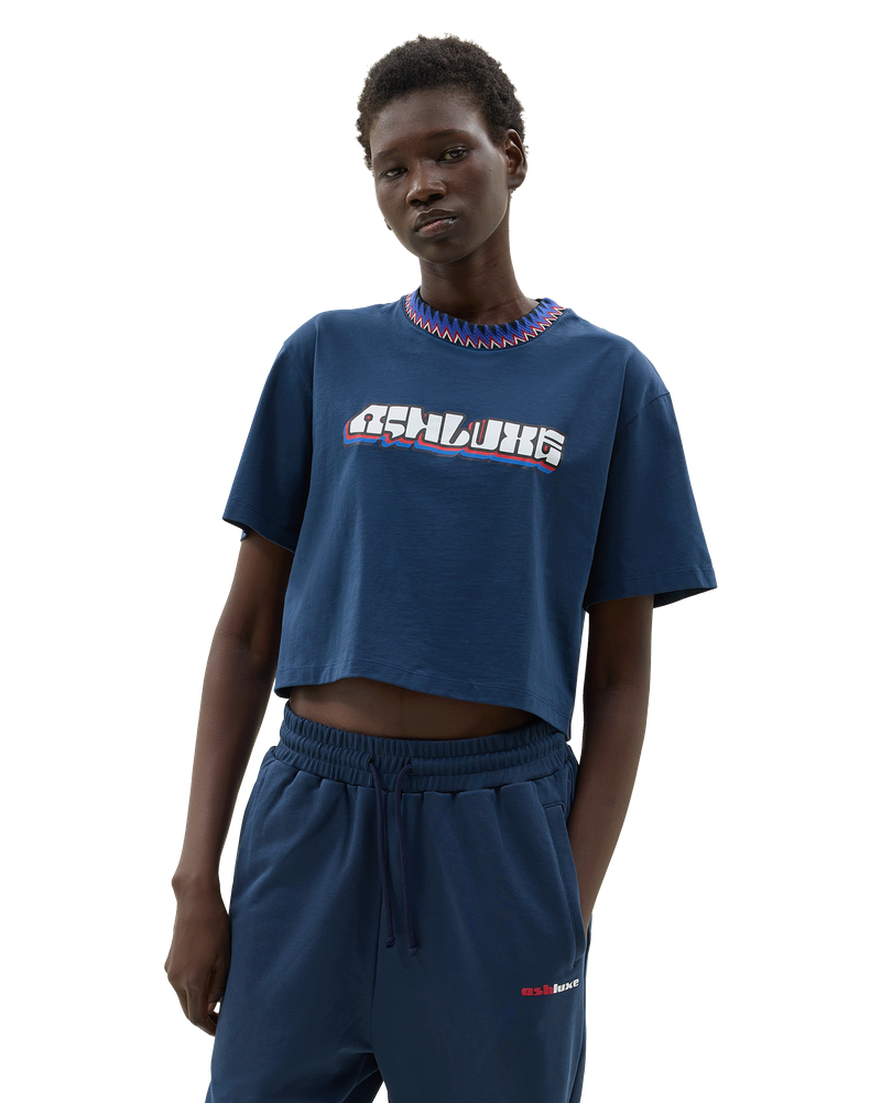 Knitted Neck Cropped T-Shirt Blue