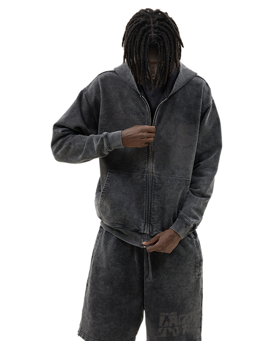 Ashluxe Vintage Acid Wash Zip Hoodie Black