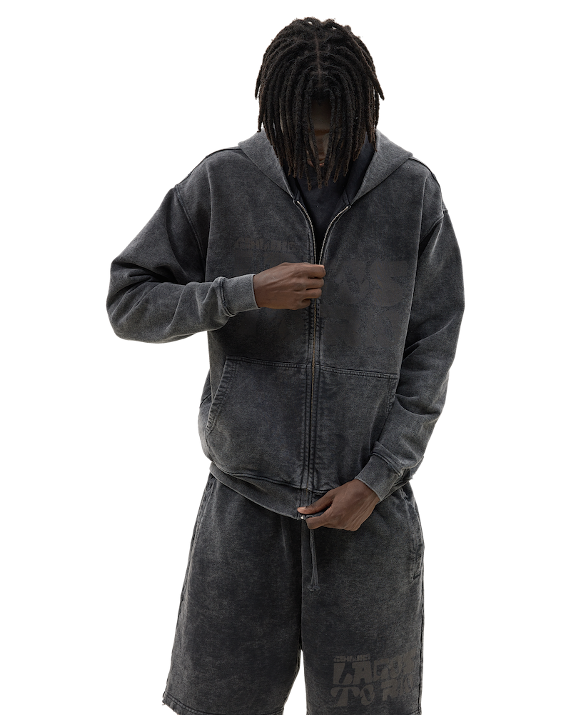 Ashluxe Vintage Acid Wash Zip Hoodie Black
