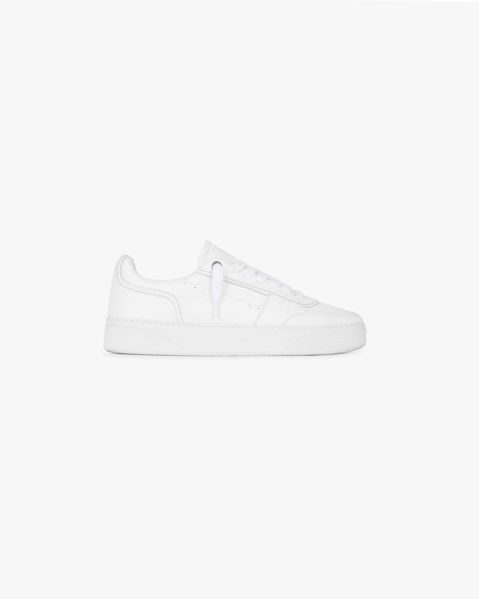 Front product image of a mens white sneaker on a plain white background | Initial Sneaker Leather Flat White | Leather sneakers with lace-up closure | FW24 Footwear | Represent Clo