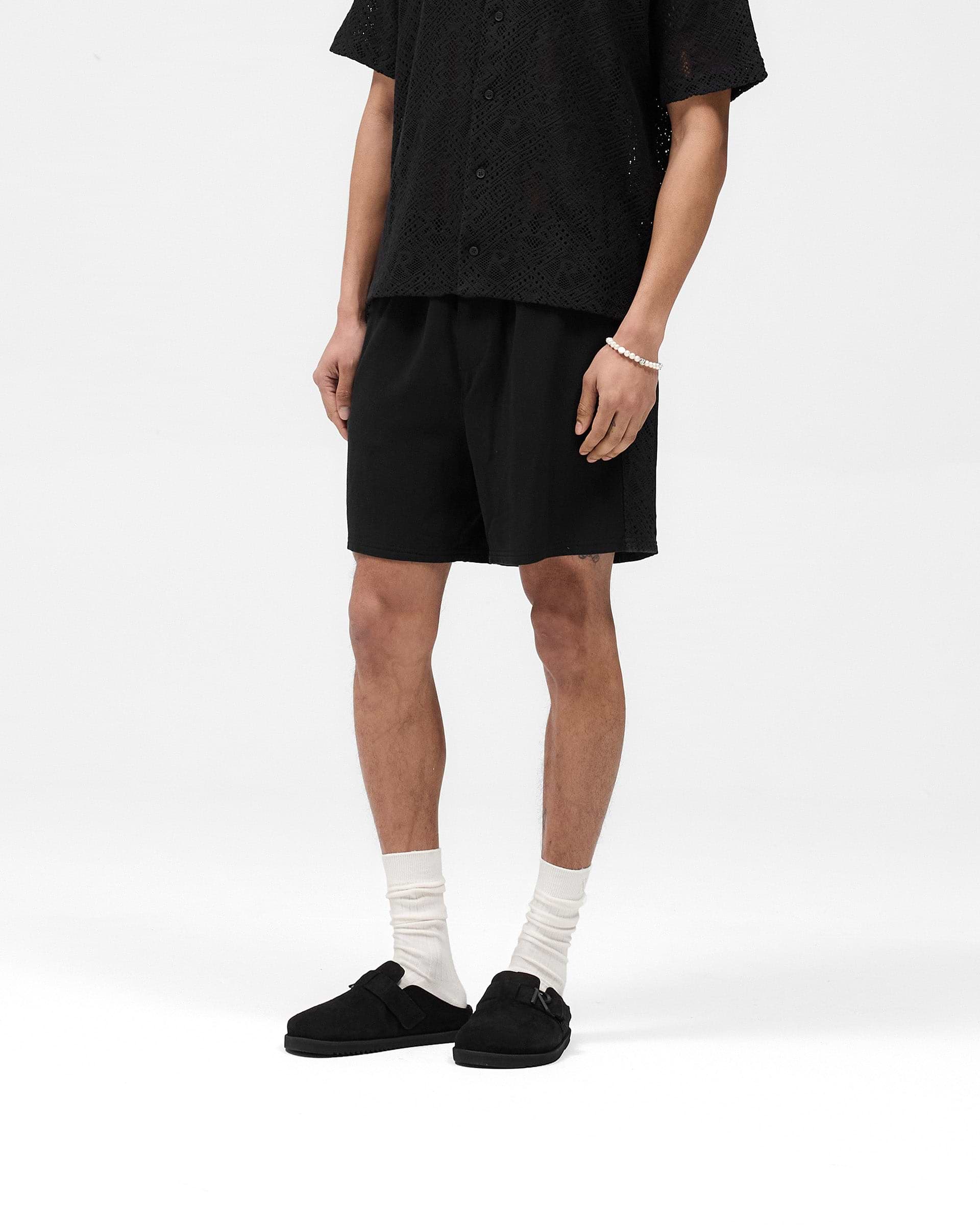 Back product image of mens black shorts on a plain white background | Knitted Panel Short in Black | Shorts with knitted panel detailing and elasticated waistband | SS25 Shorts | Represent Clo