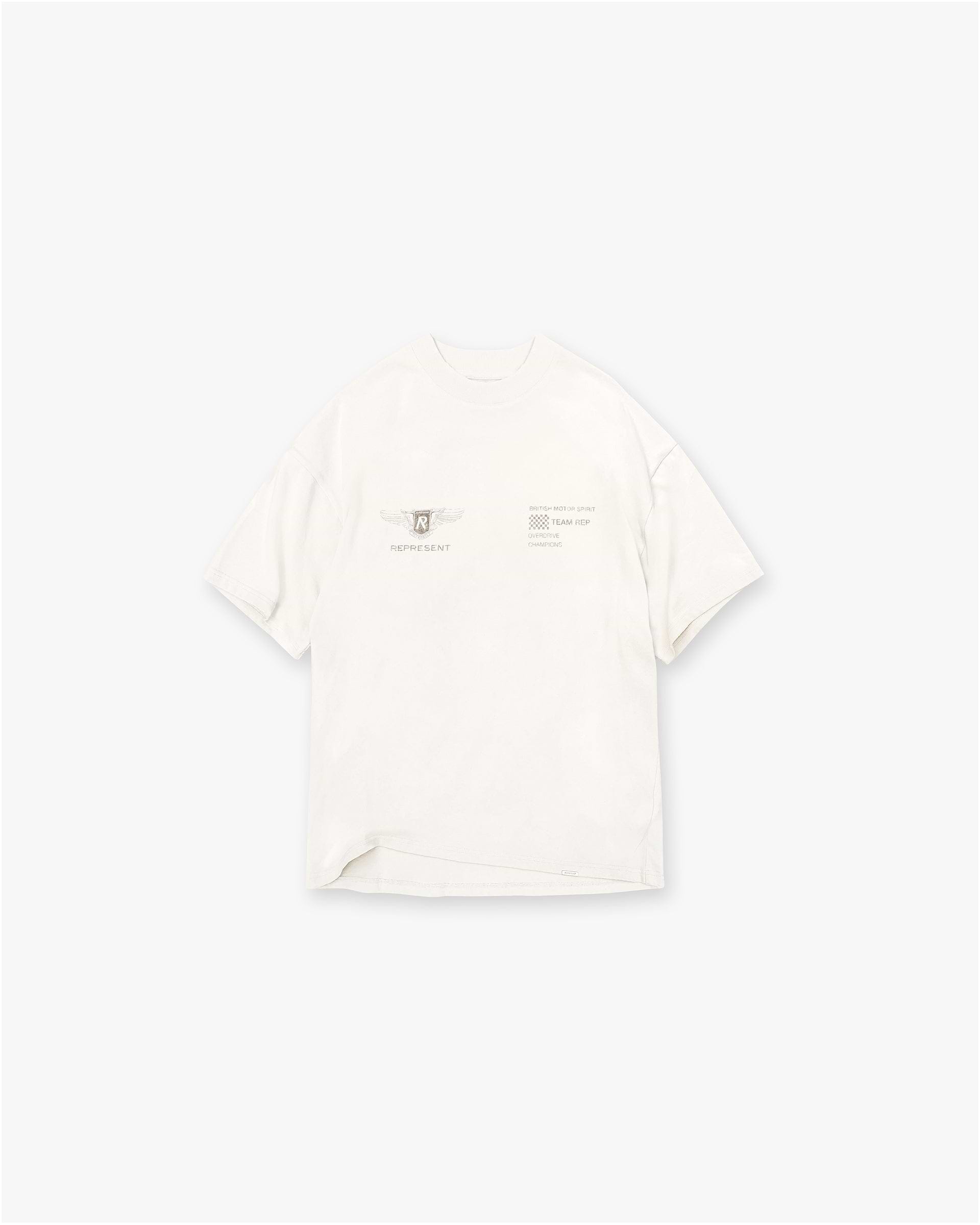 Front product image of a mens white t-shirt on a plain white background | Team Rep T-Shirt in Flat White | T-shirt with signature logo detailing | SS25 T-Shirts | Represent Clo
