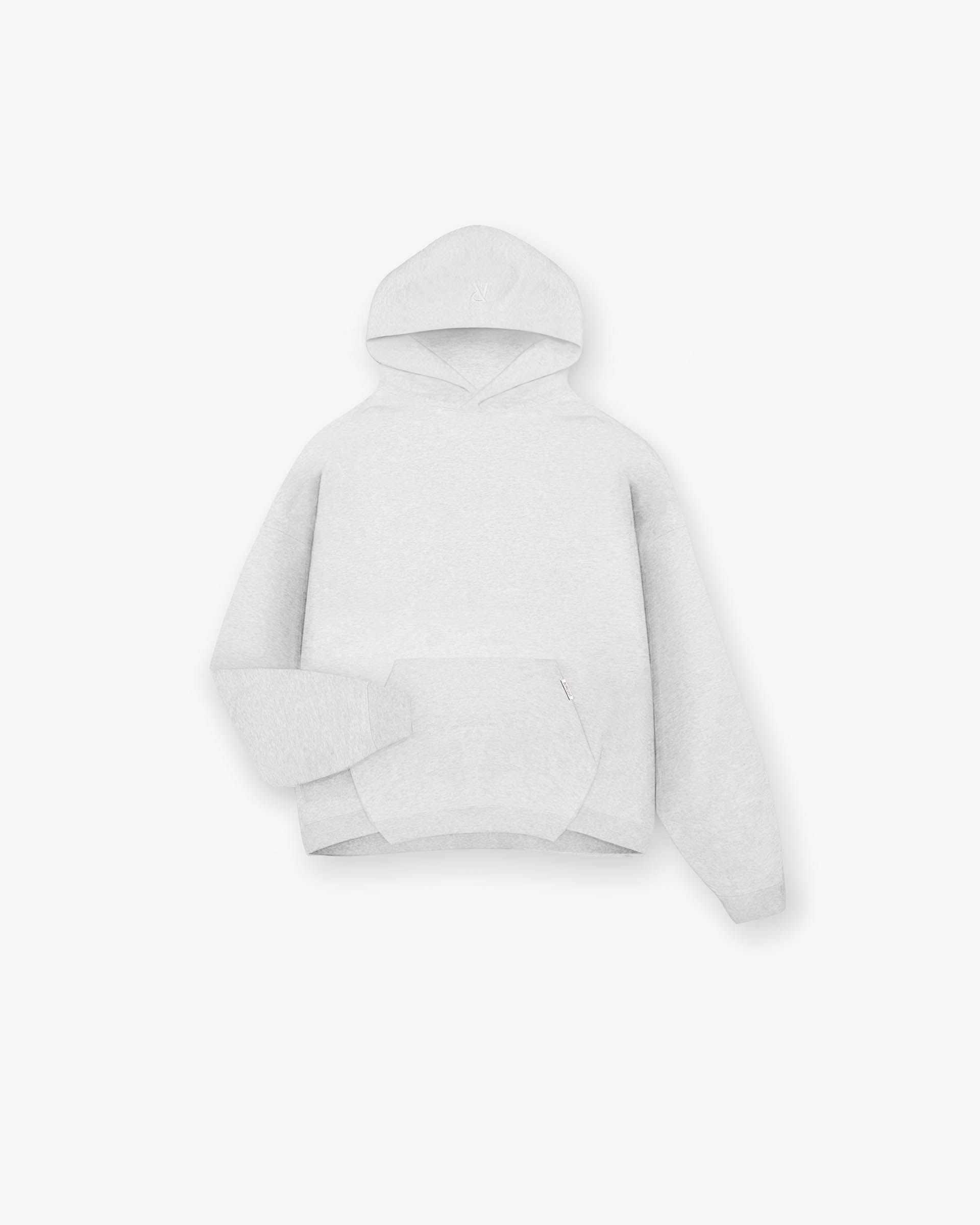 Front product image of a mens grey hoodie on a plain white background | Initial Boxy Hoodie in Ice Grey Marl | Oversized fit heavyweight hoodies with embroidered initial | Initial Hoodies | Represent Clo