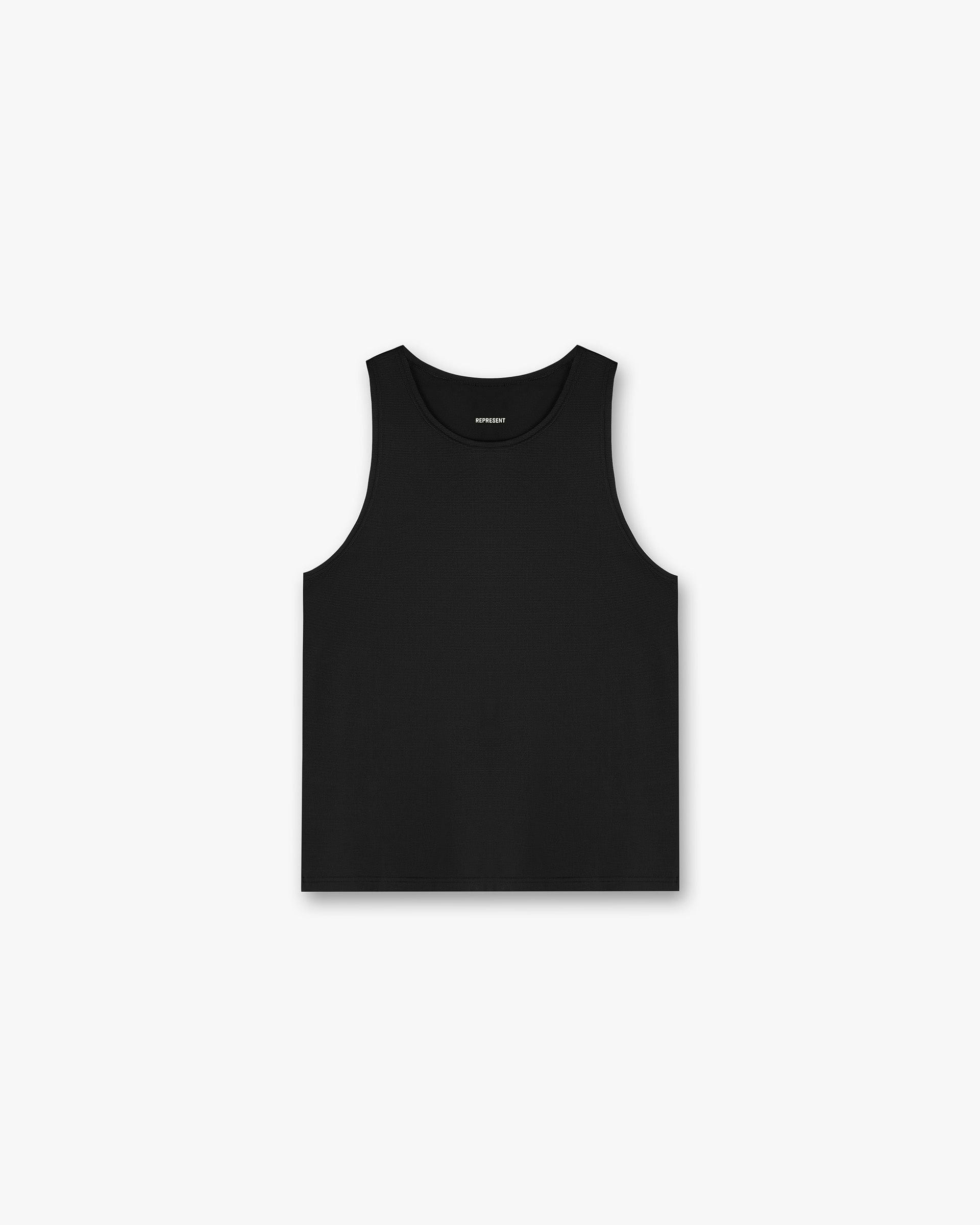 Front product image of a mens black mesh vest on a plain white background | 247 DNA Mesh Vest in Black | Mesh vest with breathable fabric | 247 T-Shirts | Represent Clo