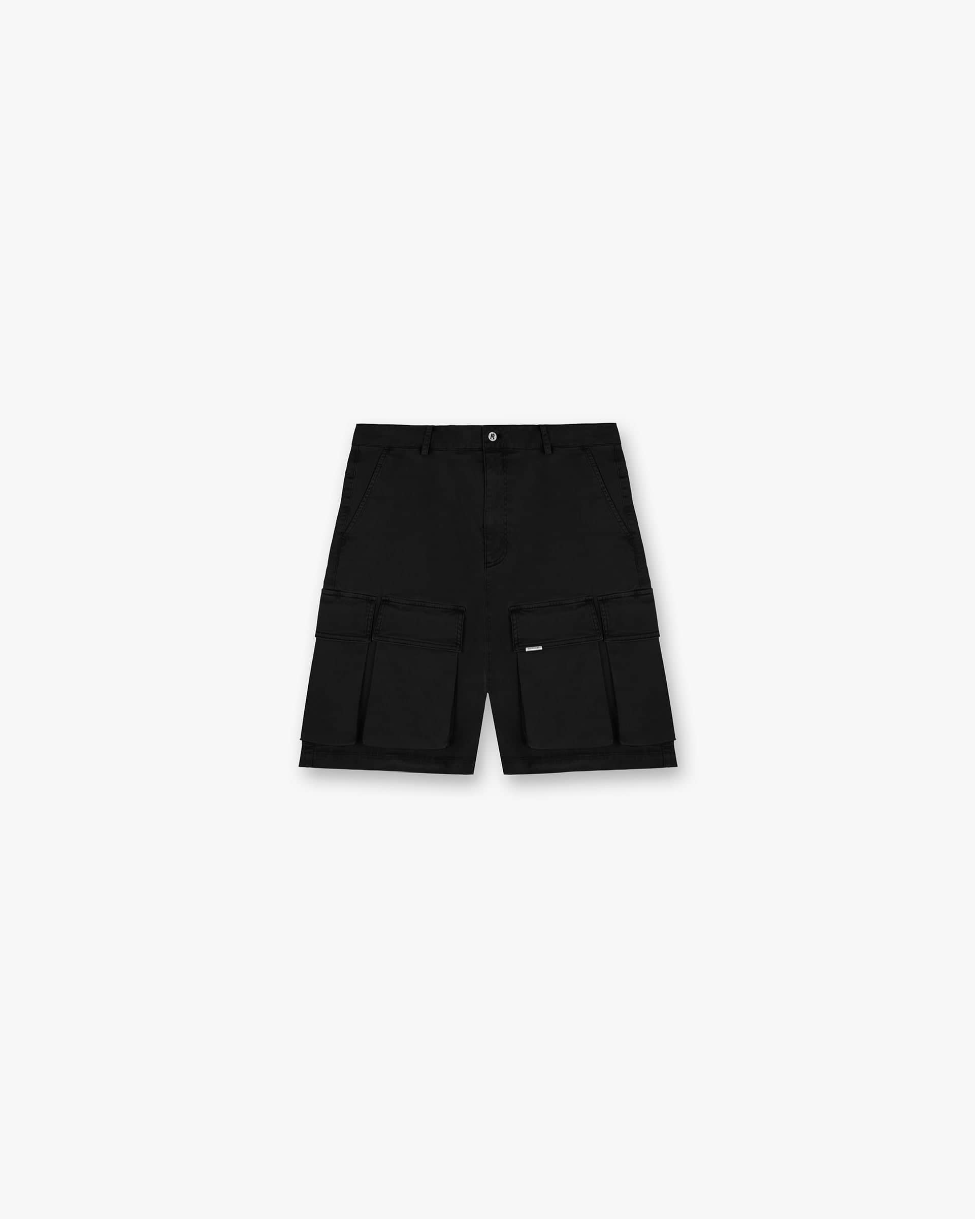 Front product image of mens black shorts on a plain white background | Baggy Cotton Cargo Short in Black | Cargo shorts with multiple pockets | SS24 Shorts | Represent Clo