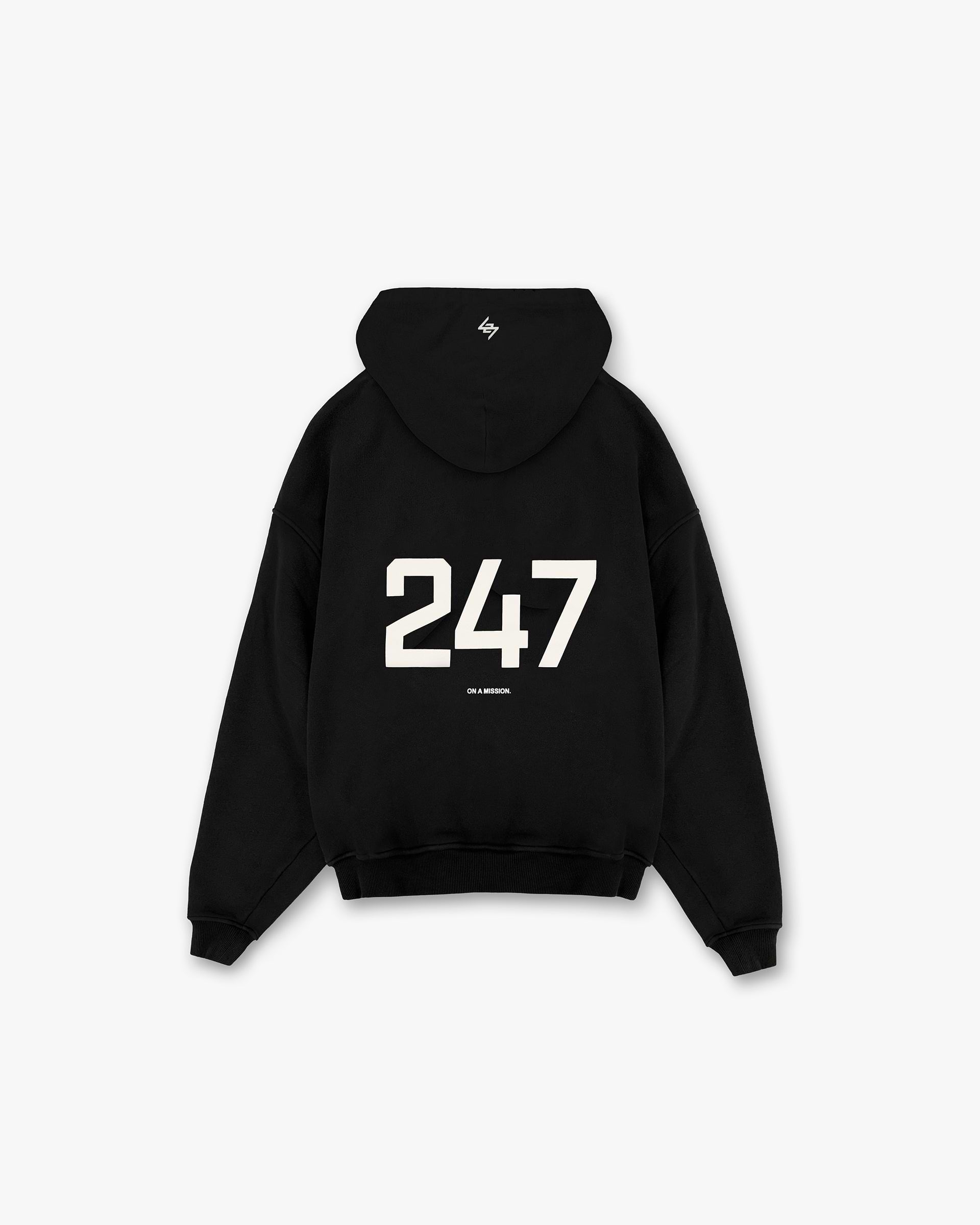 Back product image of a mens black hoodie on a plain white background | 247 Oversized Hoodie in Jet Black | Oversized fit hoodie with 247 logos | 247 Hoodies | Represent Clo