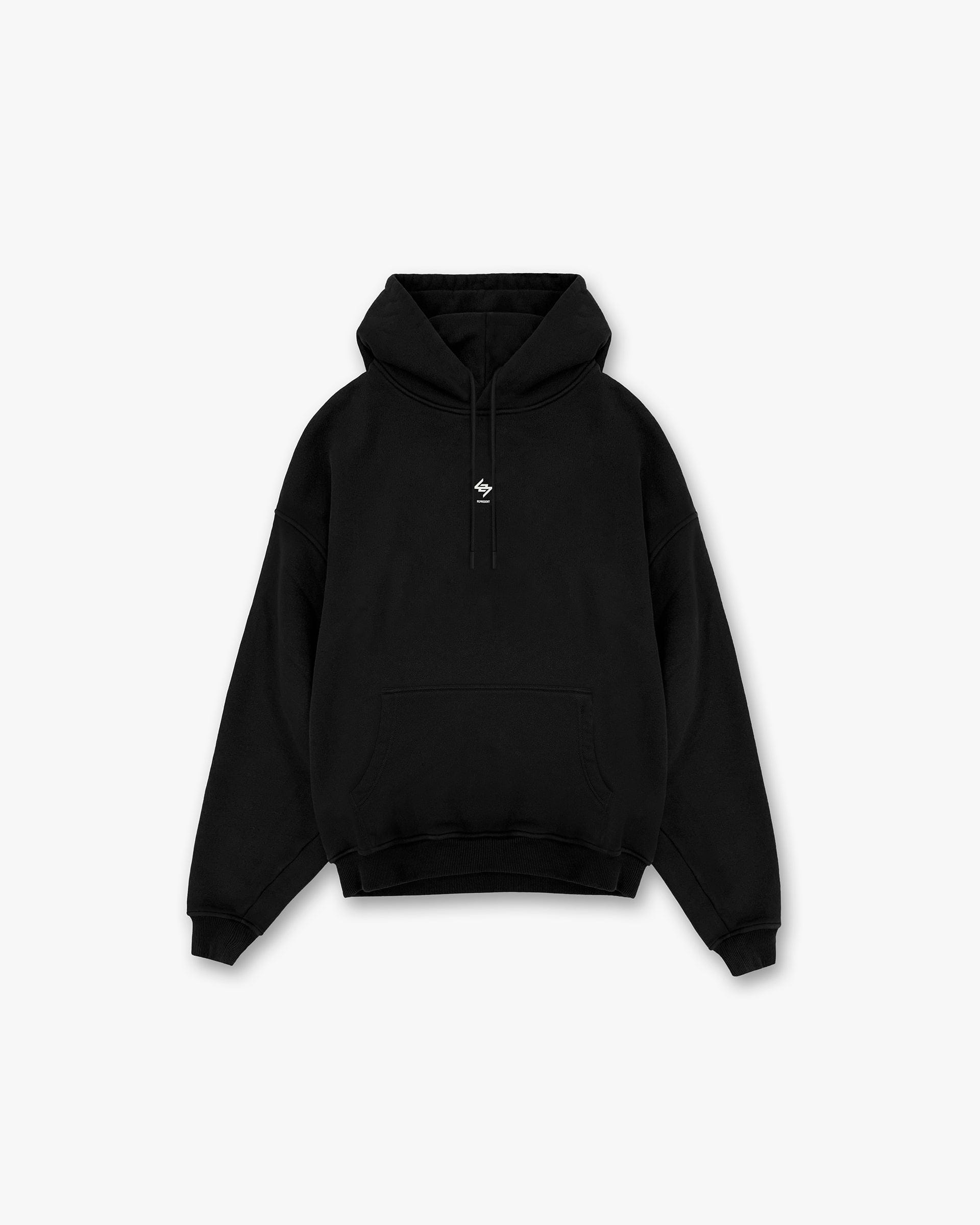Front product image of a mens black hoodie on a plain white background | 247 Oversized Hoodie in Jet Black | Heavy weight jersey oversized hoodie | 247 Hoodies | Represent Clo