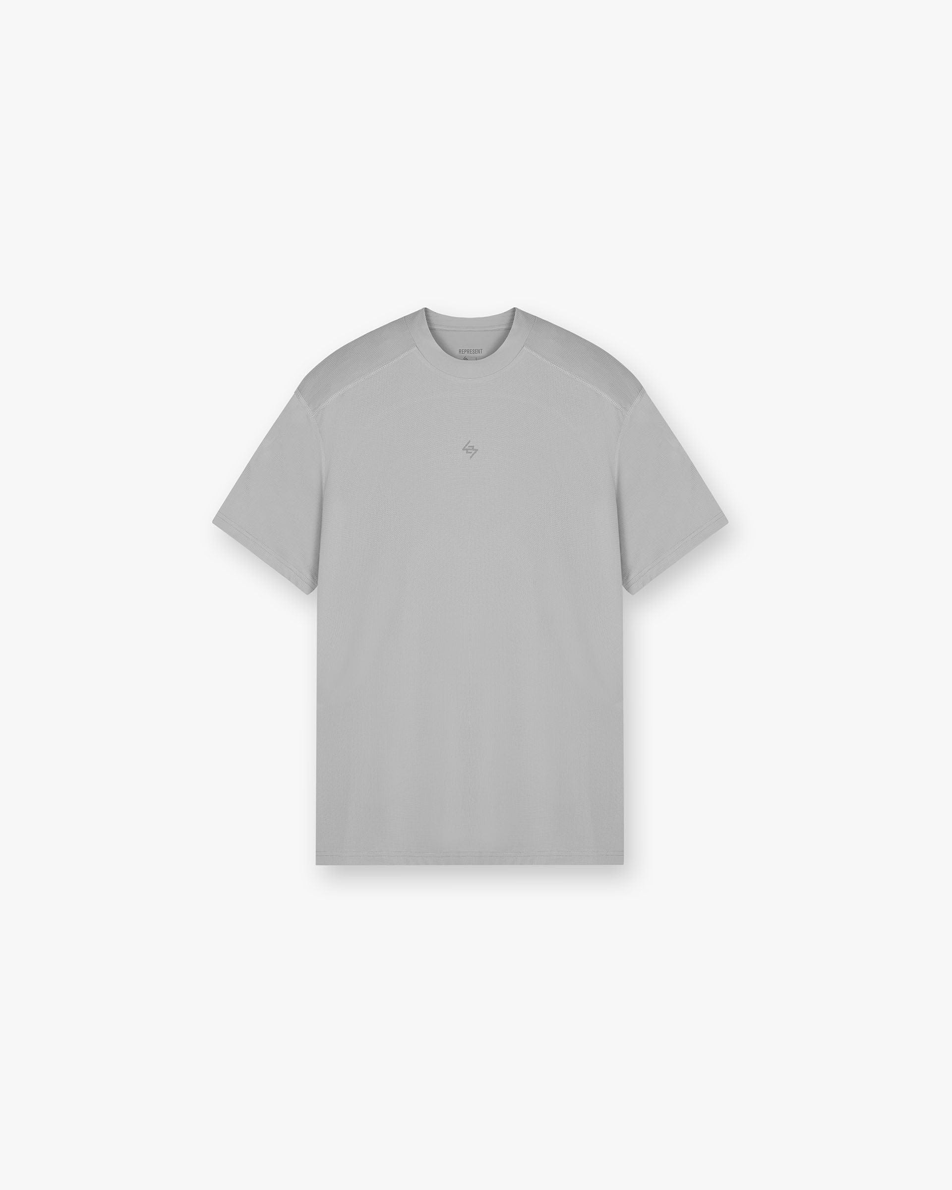 Back product image of a mens grey technical t-shirt on a plain white background | 247 Contour Run T-Shirt in Titanium | Technical running t-shirt with contour print and mesh construction | 247 T-Shirts | Represent Clo
