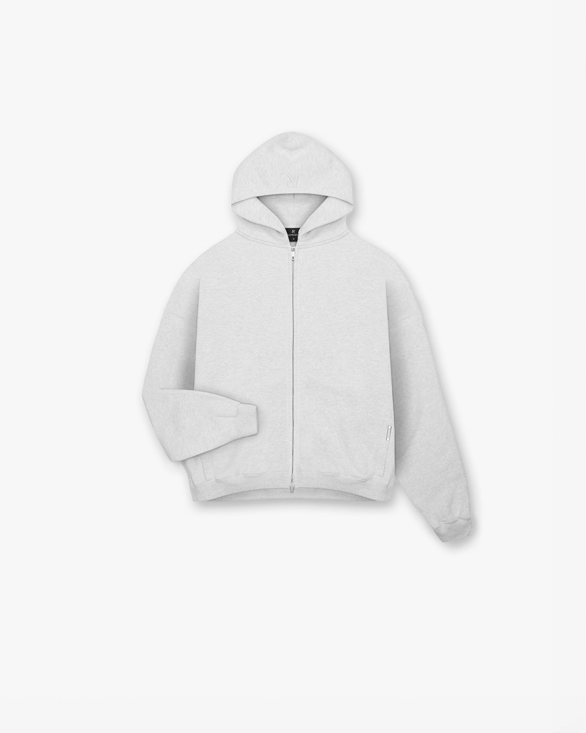 Front product image of a mens grey hoodie on a plain white background | Initial Boxy Zip Through Hoodie in Ice Grey Marl | Boxy fit hoodie with ribbed hem | Initial Hoodies | Represent Clo