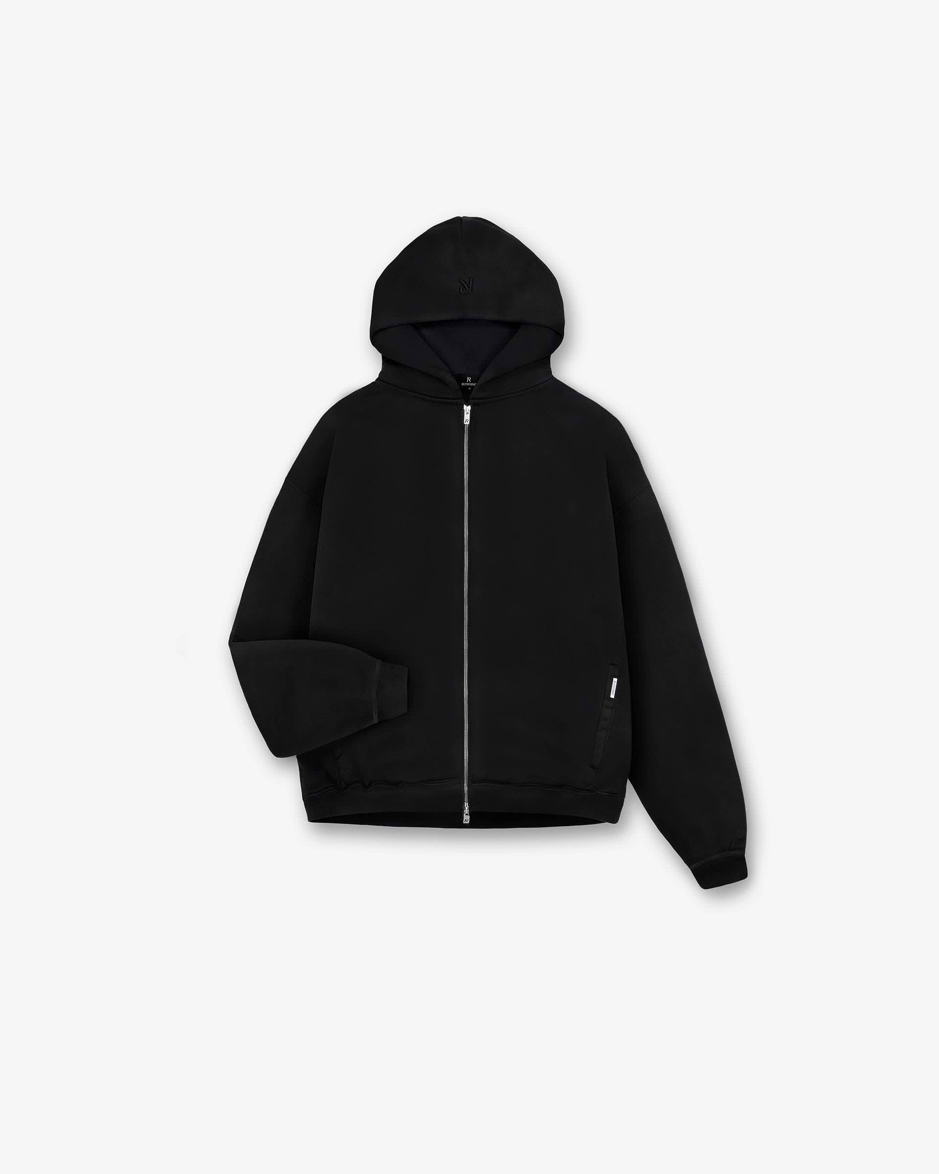 Front product image of a mens black hoodie on a plain white background | Initial Oversized Zip Hoodie in Black | Oversized hoodie with Cobrax popper and ribbed trims | Initial Hoodies | Represent Clo