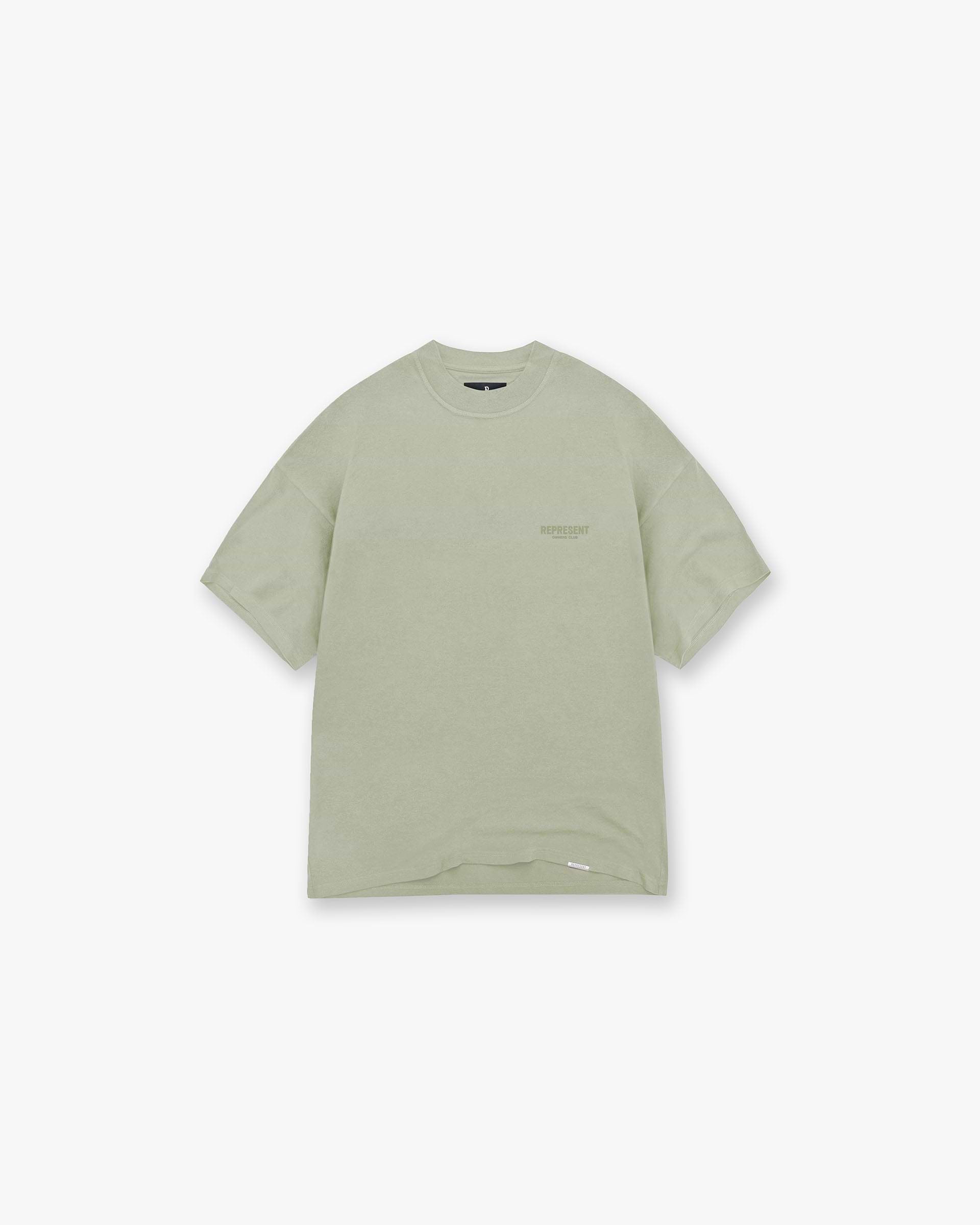Back product image of a mens green t-shirt on a plain white background | Owners Club T-Shirt in Pastel Green | Oversized fit short sleeve t-shirt | Owners Club T-Shirts | Represent Clo