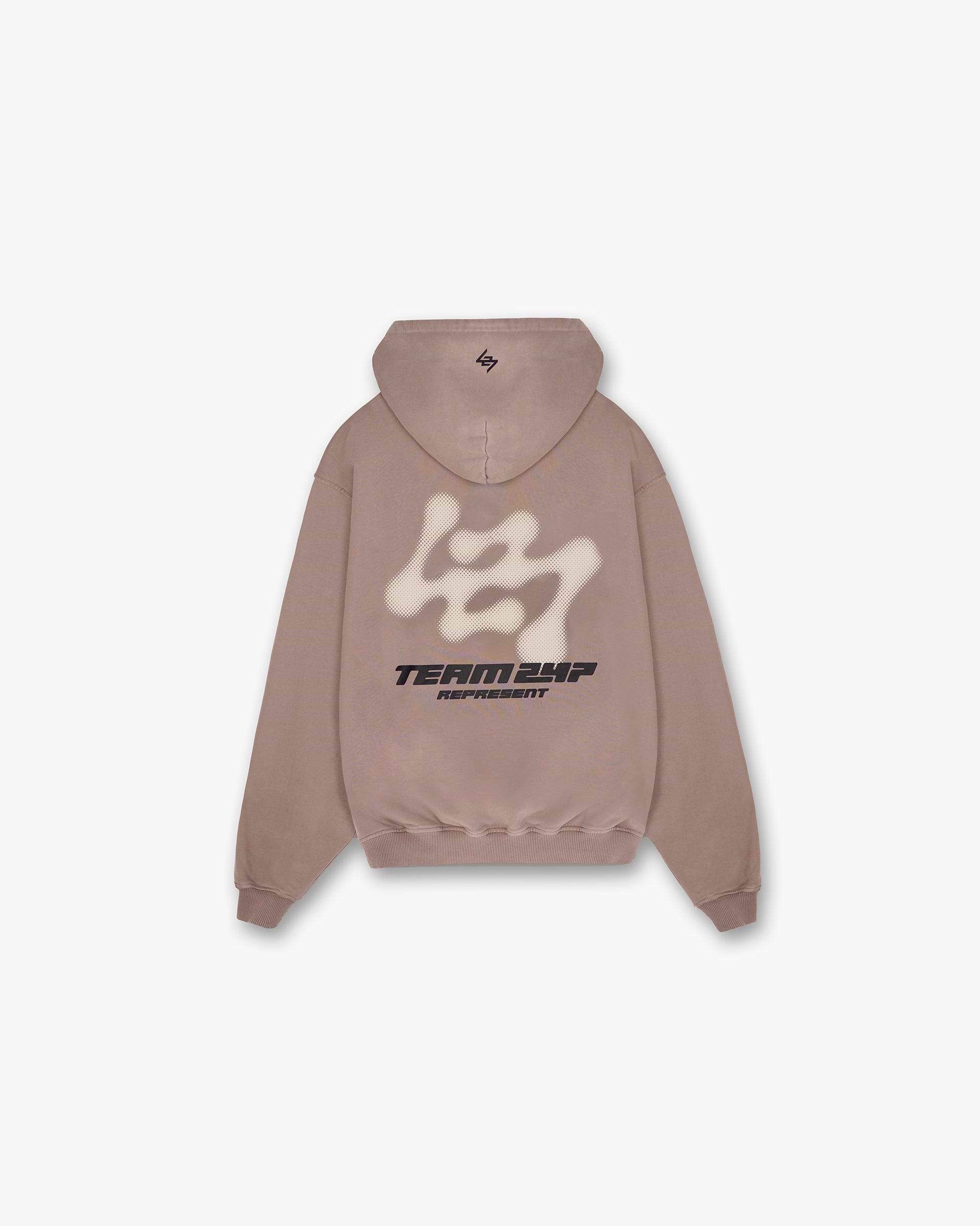 Back product image of a mens umber hoodie on a plain white background | 247 Future Terrains Oversized Hoodie in Umber | Oversized hoodie with ribbed hem and cuffs | 247 Hoodies | Represent Clo
