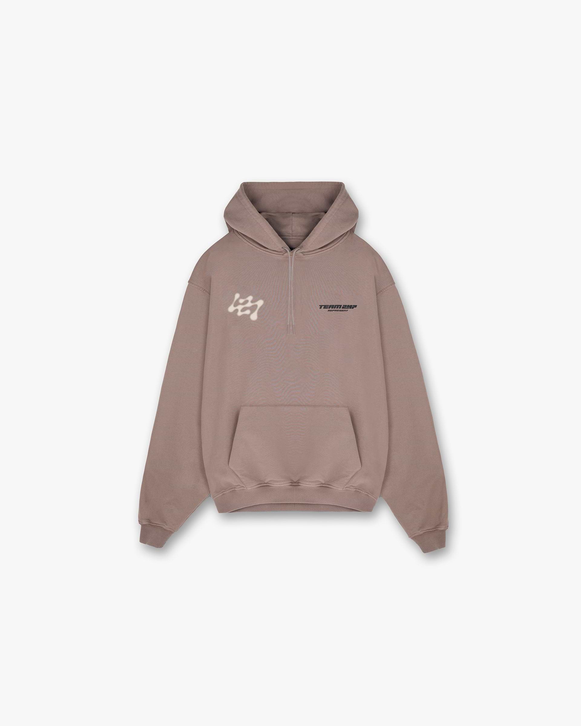 Front product image of a mens brown hoodie on a plain white background | 247 Future Terrains Oversized Hoodie in Umber | Oversized nylon spandex hoodie | 247 Hoodies | Represent Clo