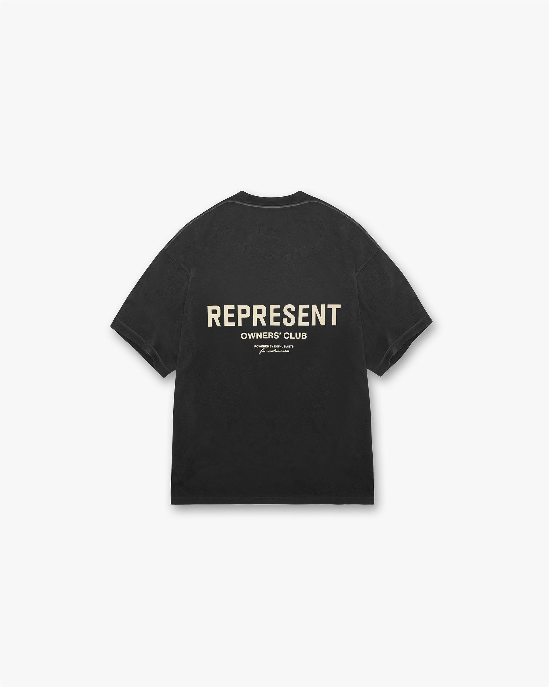 Front product image of a mens black t-shirt on a plain white background | Represent Owners Club T-Shirt in Aged Black | T-shirt with cracked prints and vintage wash | Owners Club T-Shirts | Represent Clo
