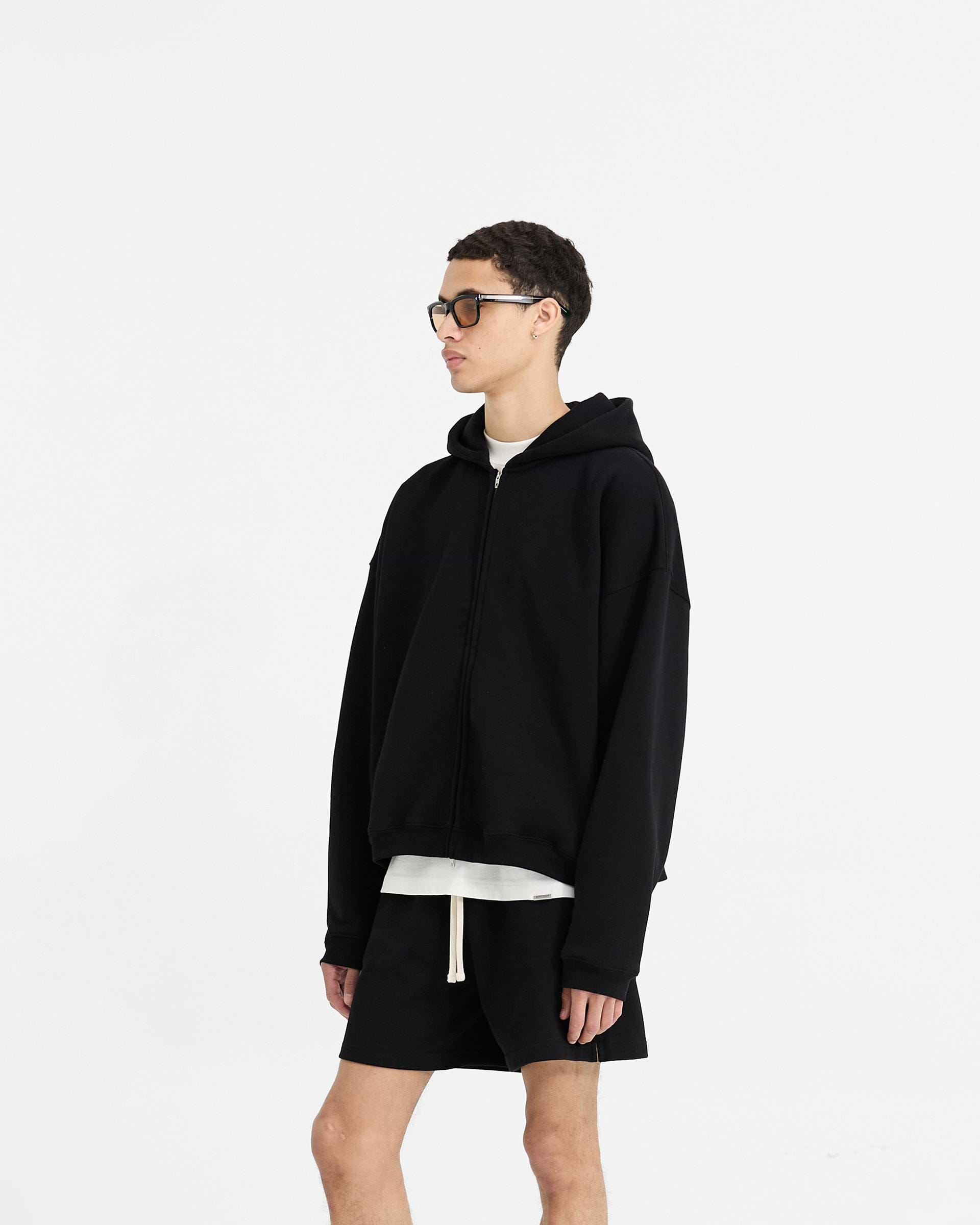 Back product image of a mens black hoodie on a plain white background | Initial Boxy Zip Through Hoodie in Black | Oversized boxy fit zip hoodie | Initial Hoodies | Represent Clo
