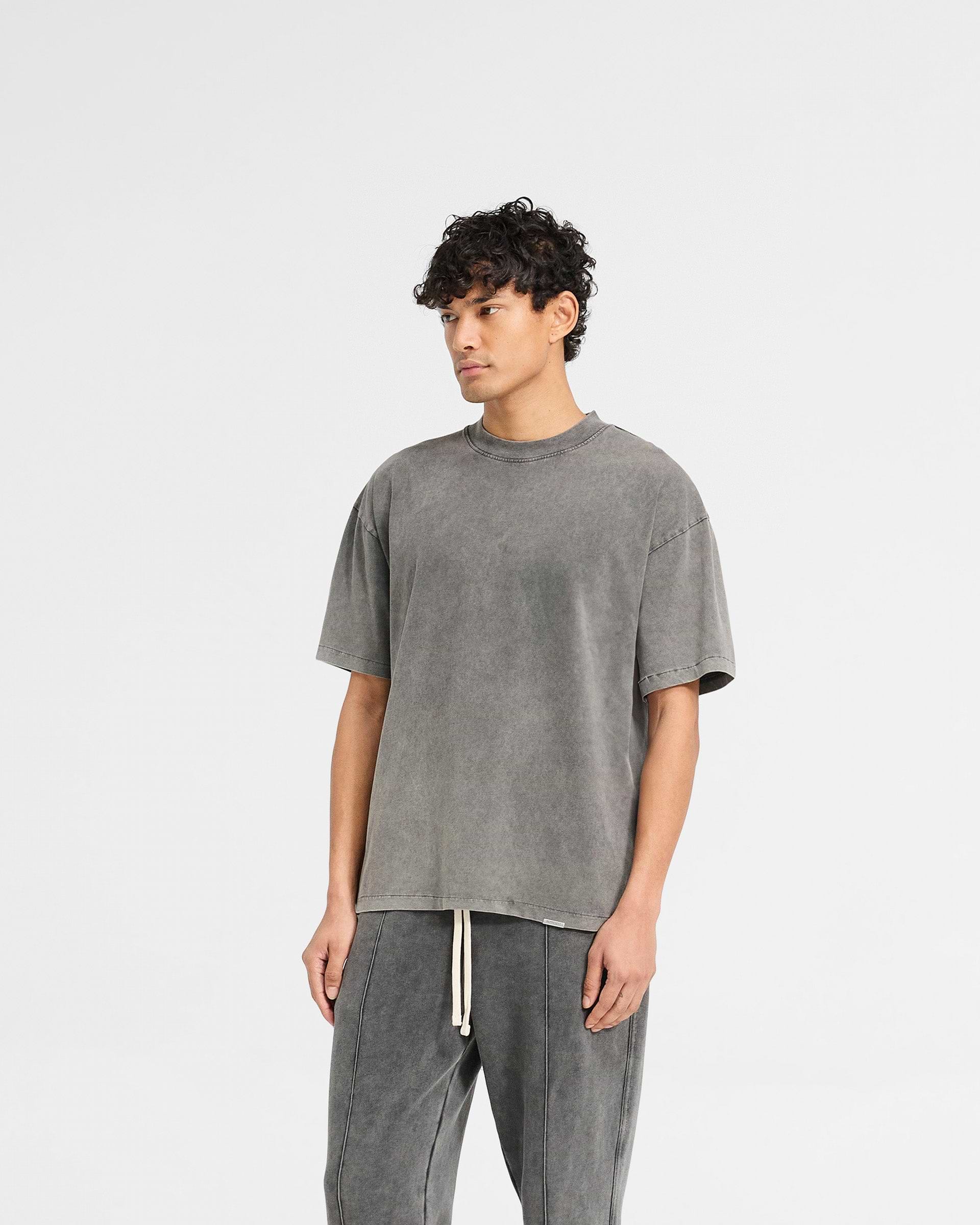 Back product image of a mens grey t-shirt on a plain white background | Initial Oversized T-Shirt in Vintage Grey | Oversized t-shirt with embroidered details | Initial T-Shirts | Represent Clo