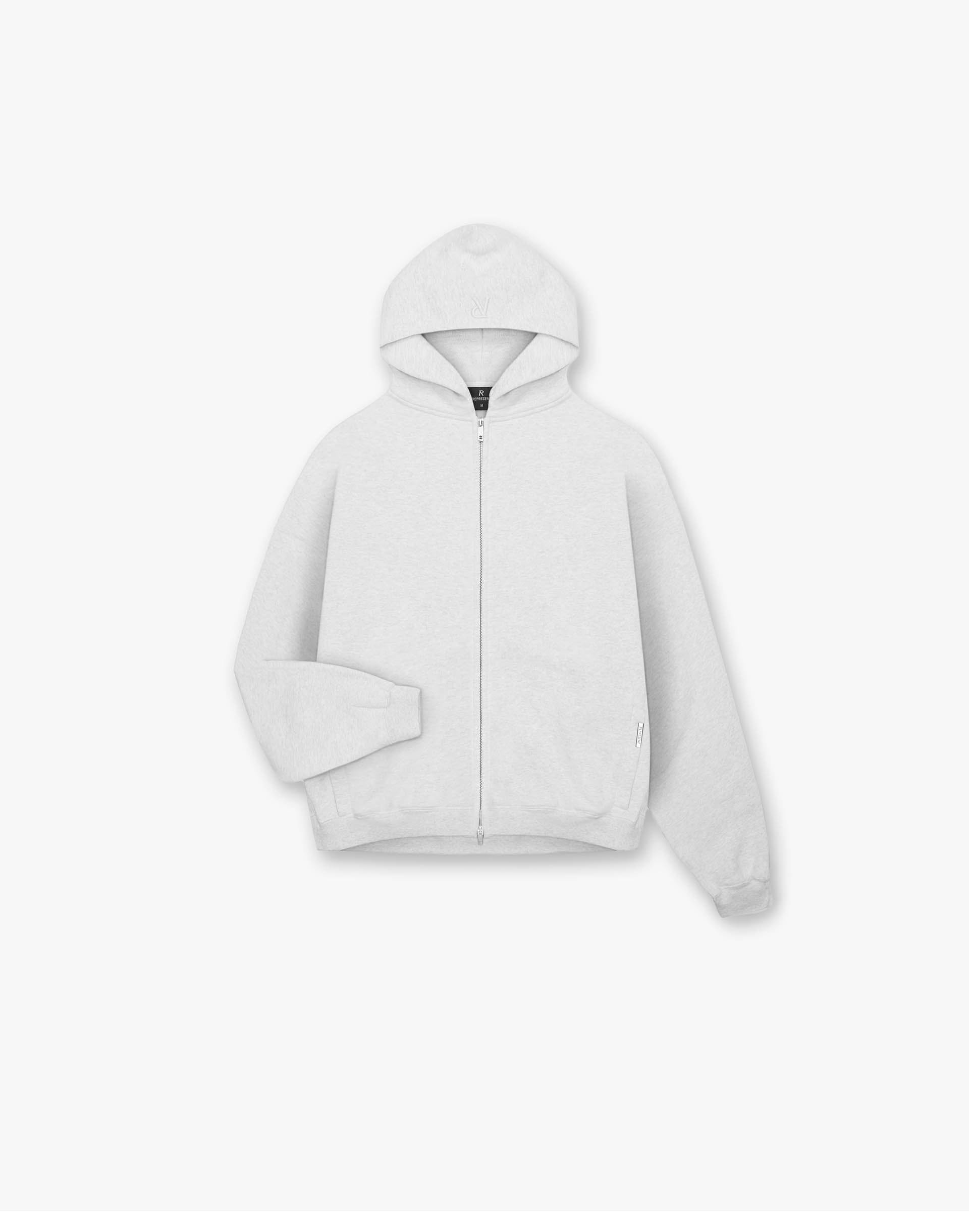 Front product image of a mens grey hoodie on a plain white background | Initial Oversized Zip Hoodie in Ice Grey Marl | Oversized zip hoodie with ribbed trims and Owners Club print | Initial Hoodies | Represent Clo