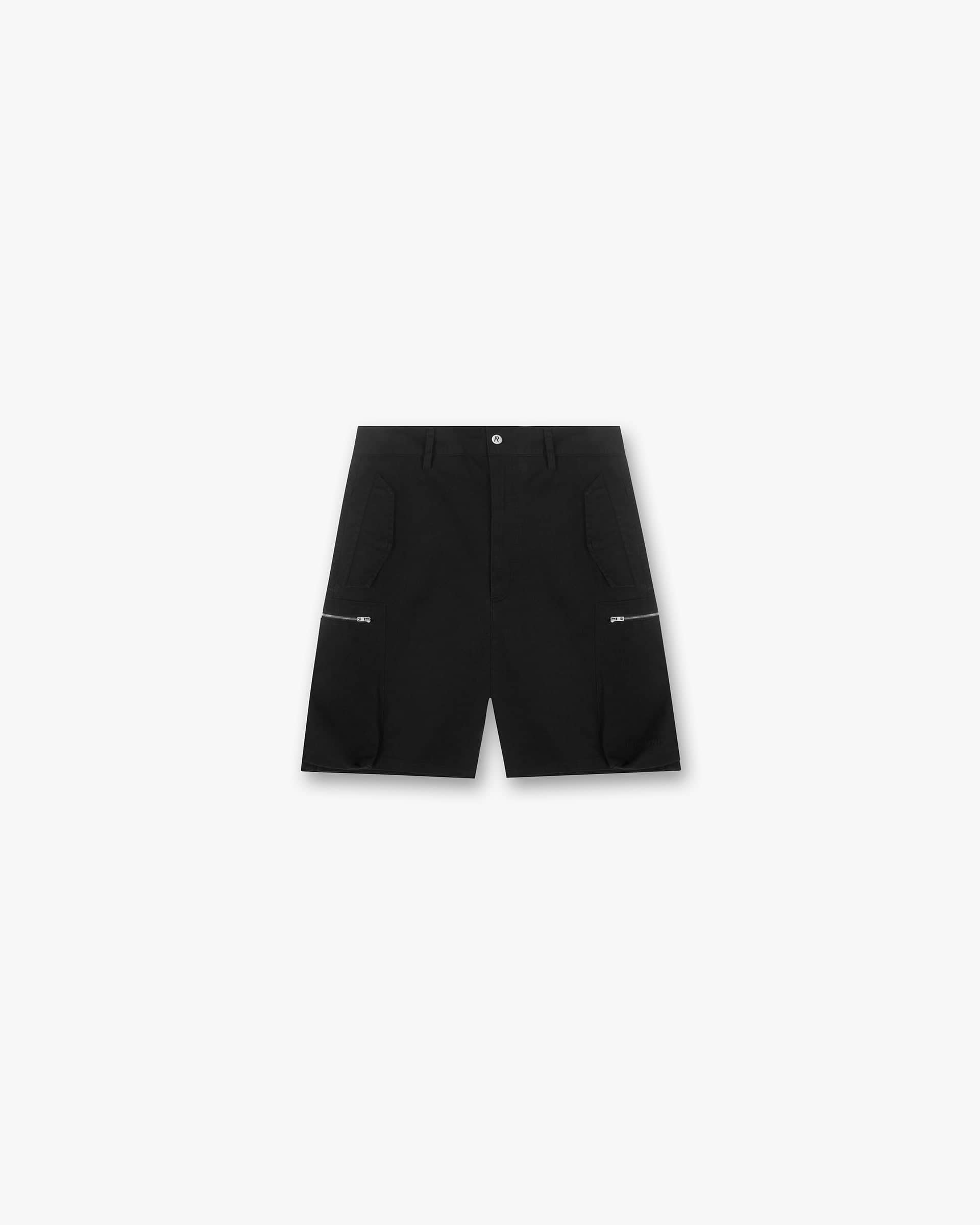 Front product image of a kids black short on a plain white background | Workshop Short in Black | Black shorts with an elasticated waistband | SS24 Shorts | Represent Clo