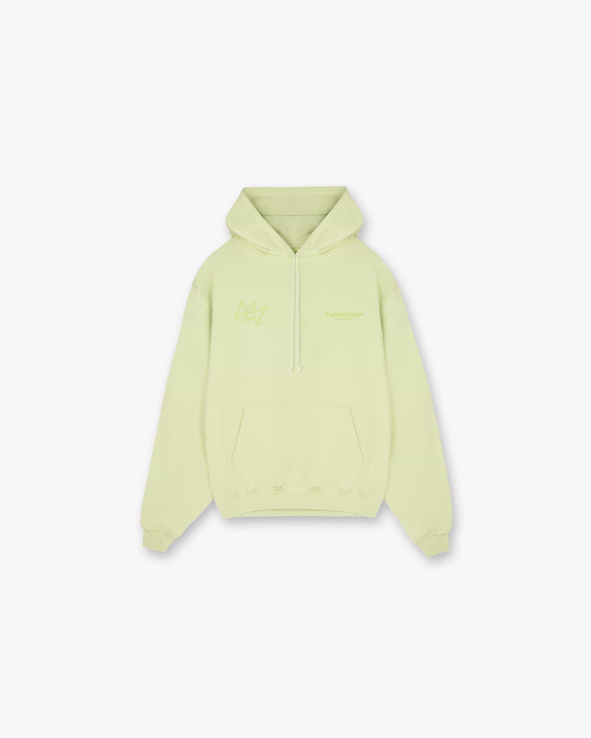 Front product image of a mens green hoodie on a plain white background | 247 Future Terrains Oversized Hoodie in Shadow Lime | Oversized hoodie with spacious fit | 247 Hoodies | Represent Clo