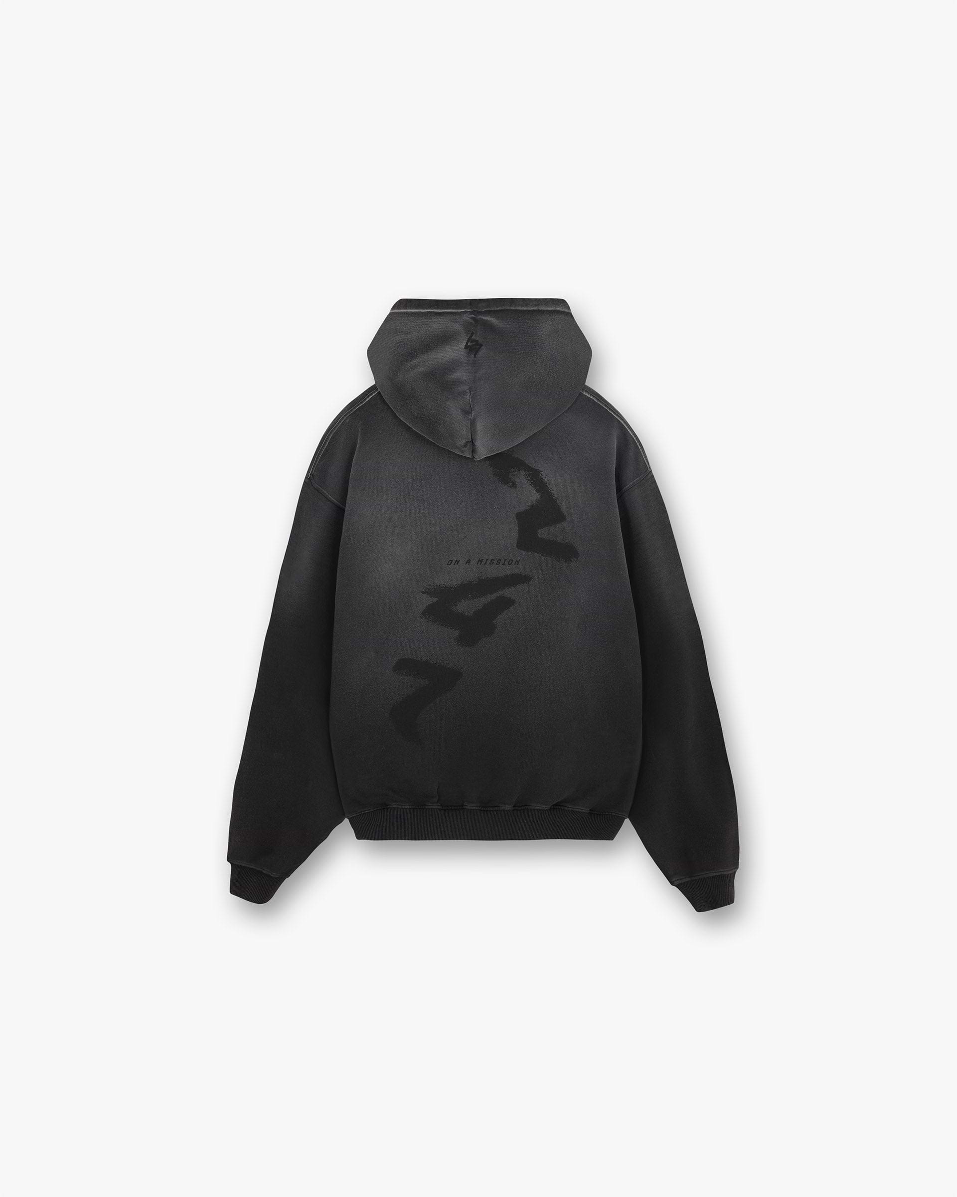 Back product image of a mens black hoodie on a plain white background | 247 Motion Oversized Hoodie in Black | Oversized hoodie with ribbed hem and cuffs | 247 Hoodies | Represent Clo