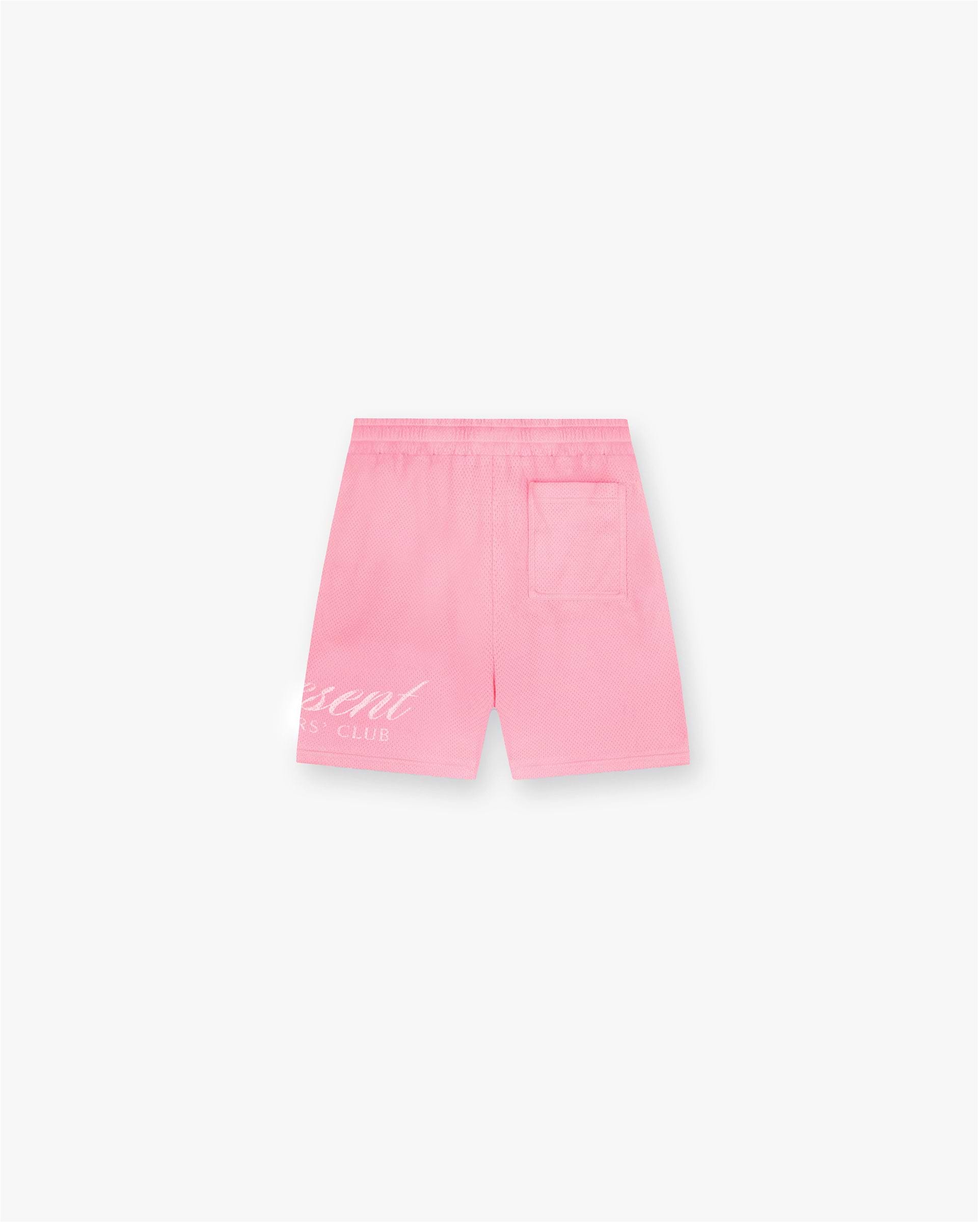 Back product image of mens pink shorts on a plain white background | Represent Owners Club Script Mesh Shorts in Pink | Shorts with elasticated waistband and zip pockets | Owners Club Shorts | Represent Clo