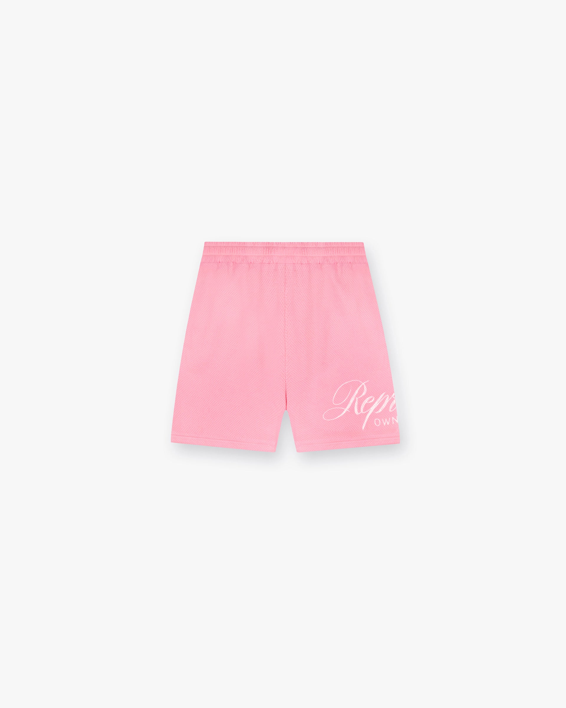 Front product image of mens pink mesh shorts on a plain white background | Represent Owners Club Script Mesh Shorts in Pink | Mesh shorts for comfort and style | Owners Club Shorts | Represent Clo