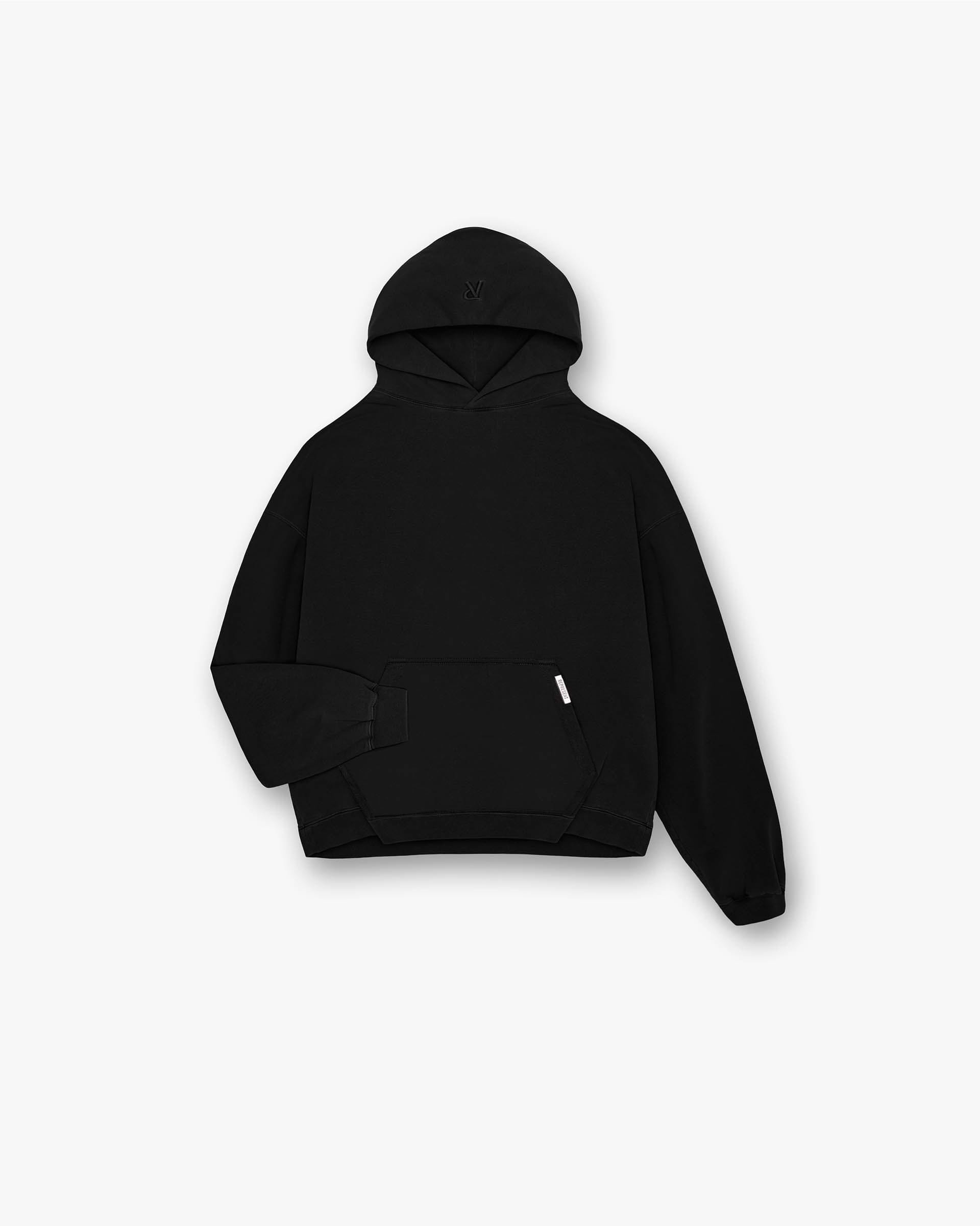 Front product image of a mens black hoodie on a plain white background | Initial Boxy Hoodie in Black | Boxy fit hoodie with tonal embroidery | Initial Hoodies | Represent Clo