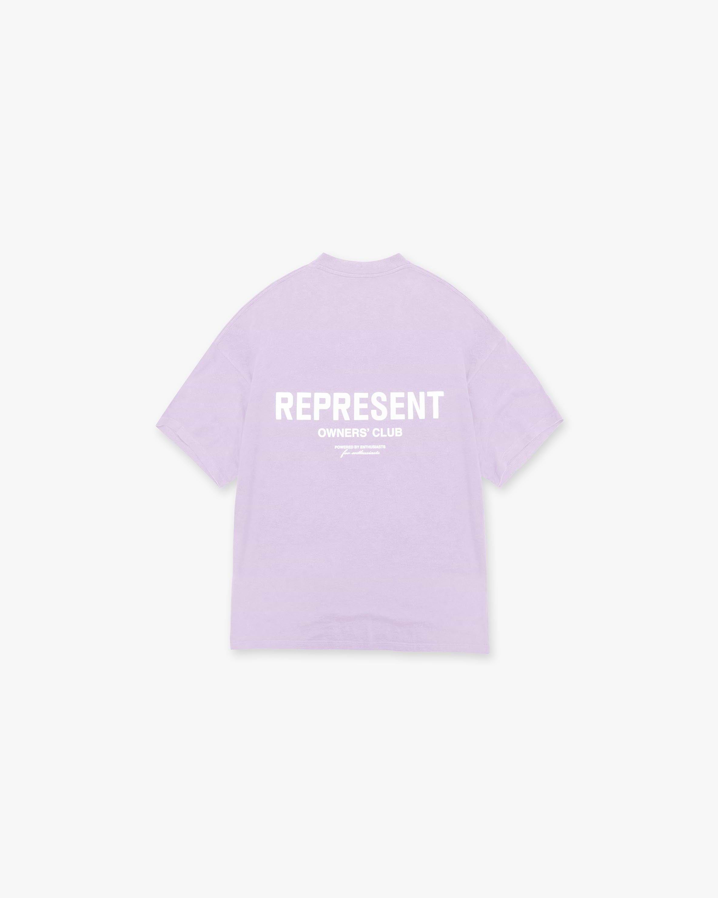 Front product image of a mens pastel lilac t-shirt on a plain white background | Represent Owners Club T-Shirt in Pastel Lilac | Crew neck t-shirt with Owners Club branding | Owners Club T-Shirts | Represent Clo