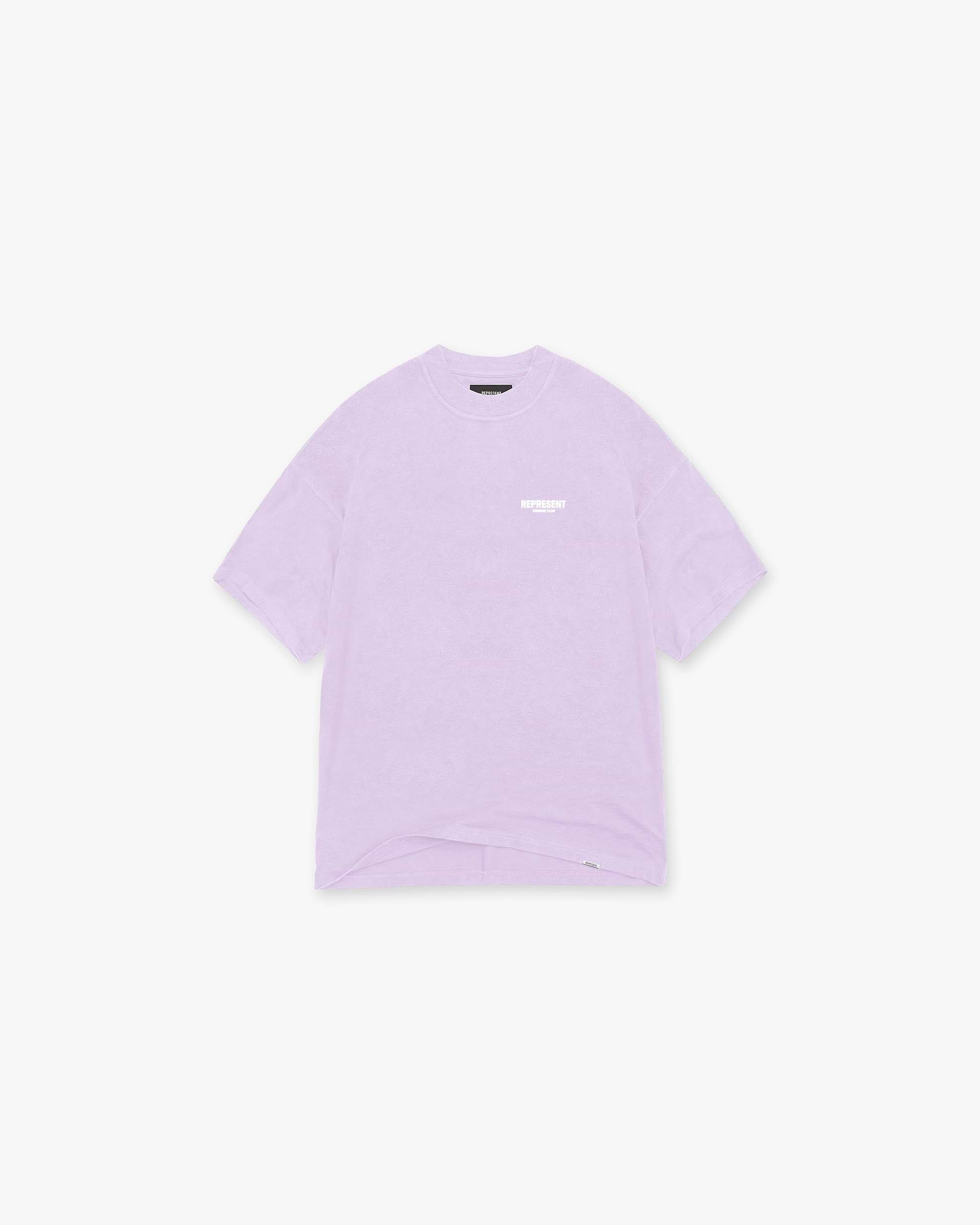 Back product image of a mens lilac t-shirt on a plain white background | Represent Owners Club T-Shirt in Pastel Lilac | Oversized t-shirt with Owners Club branding | Owners Club T-Shirts | Represent Clo