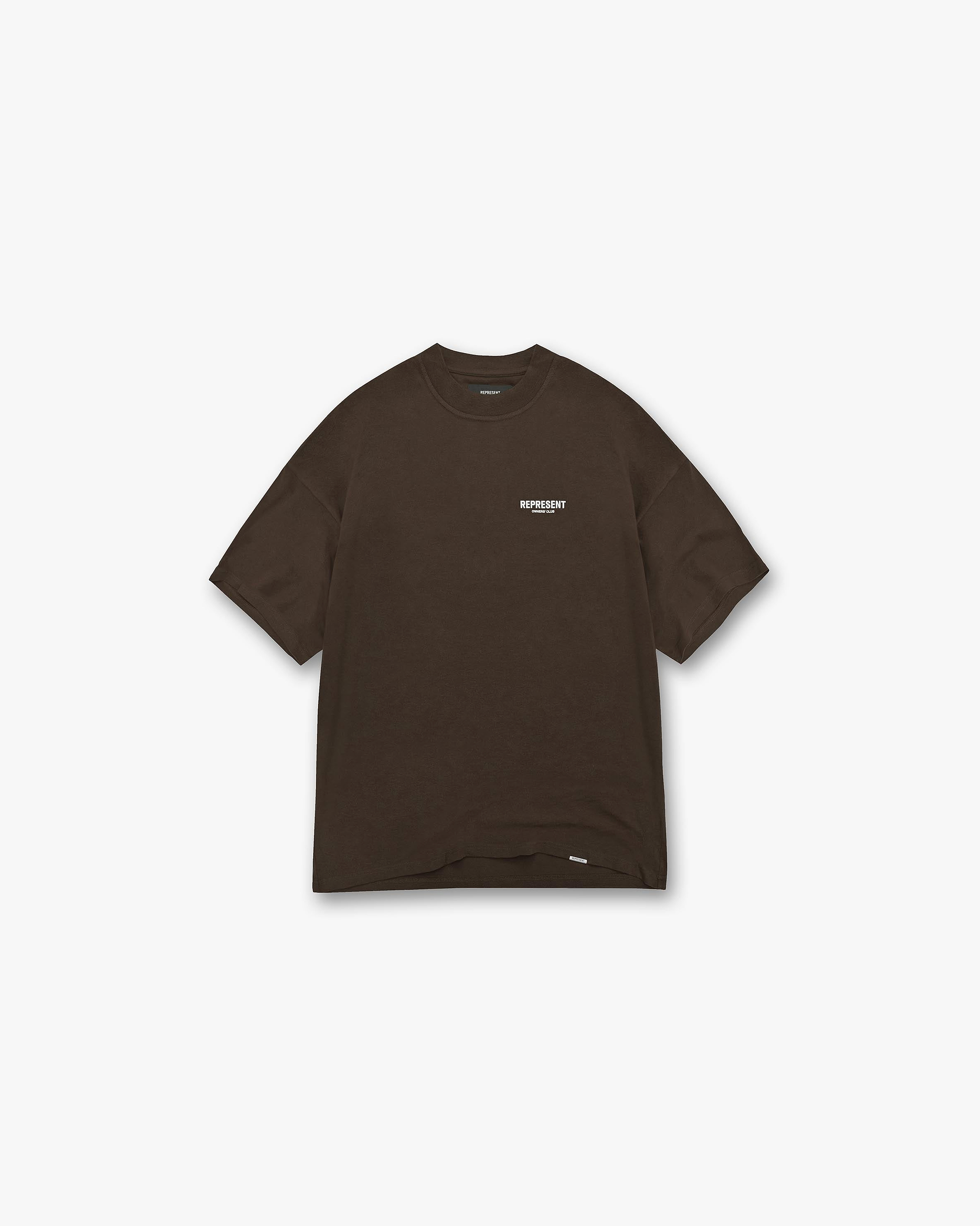 Back product image of a mens brown t-shirt on a plain white background | Represent Owners Club T-Shirt in Brown | Oversized short sleeve t-shirt with graphic branding | Owners Club T-Shirts | Represent Clo