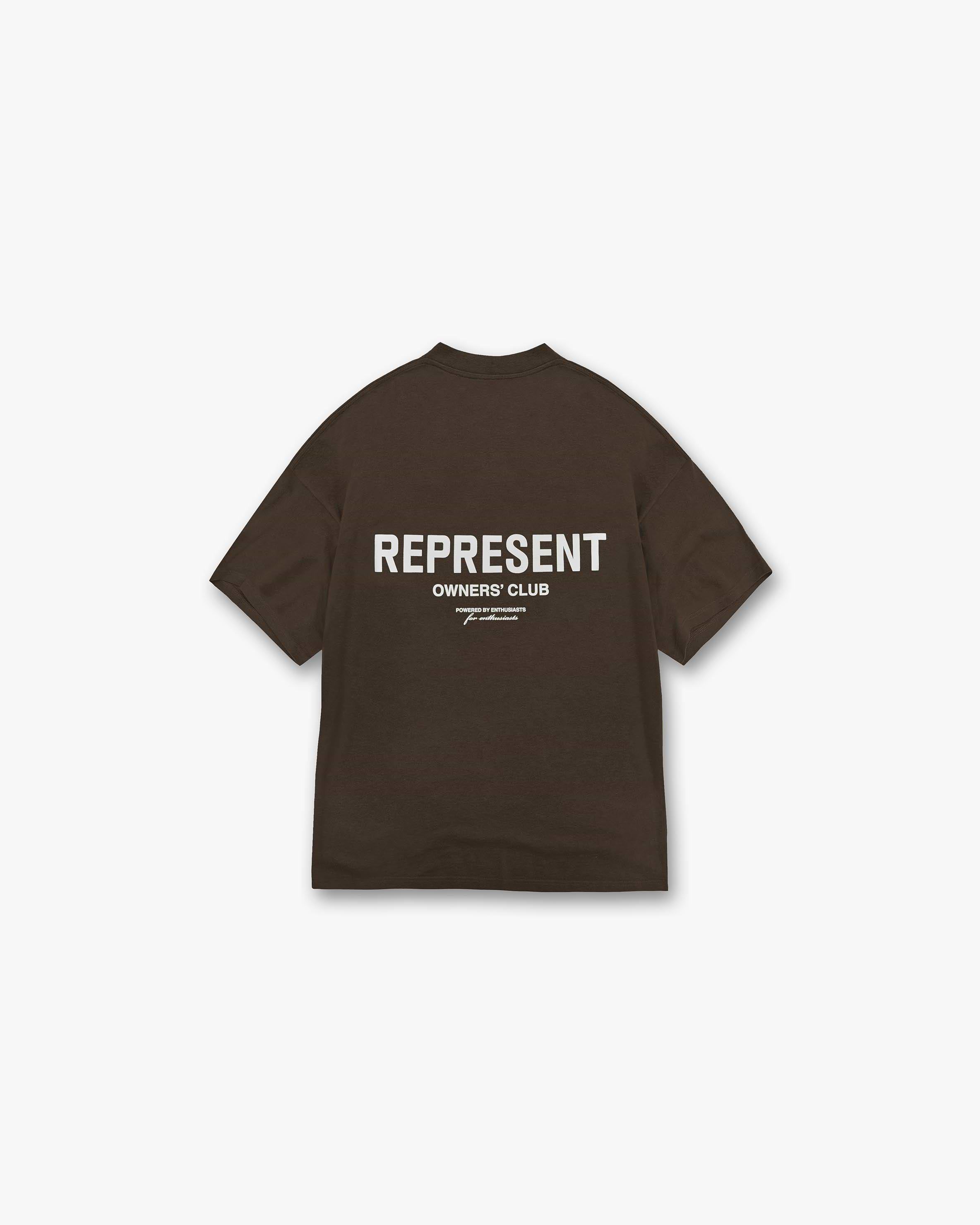 Front product image of a mens brown t-shirt on a plain white background | Represent Owners Club T-Shirt in Brown | T-Shirt with branded design | Owners Club T-Shirts | Represent Clo