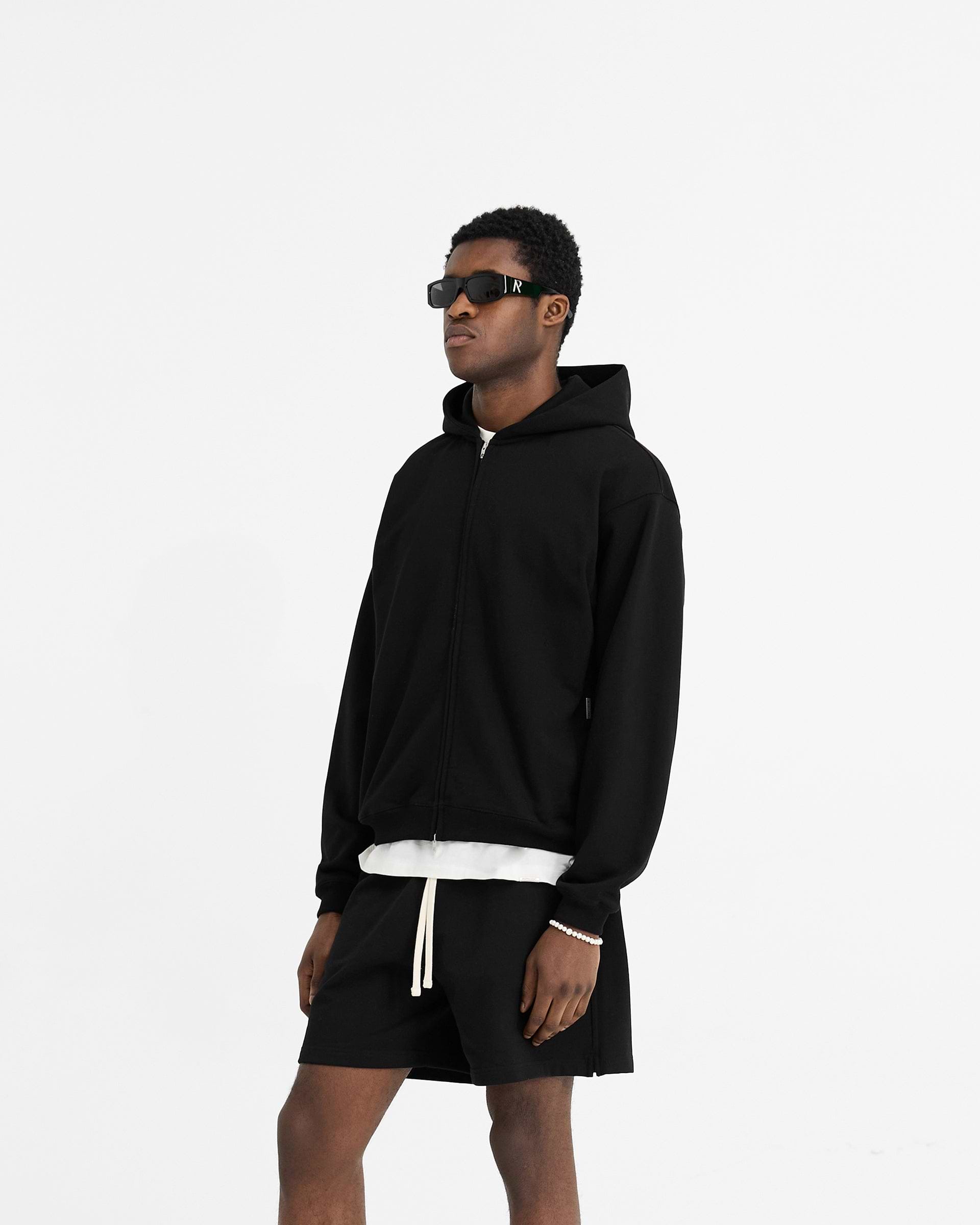 Back product image of a mens black zip hoodie on a plain white background | Initial Oversized Zip Hoodie in Black | Oversized zip hoodie with loopback jersey cotton | Initial Hoodies | Represent Clo
