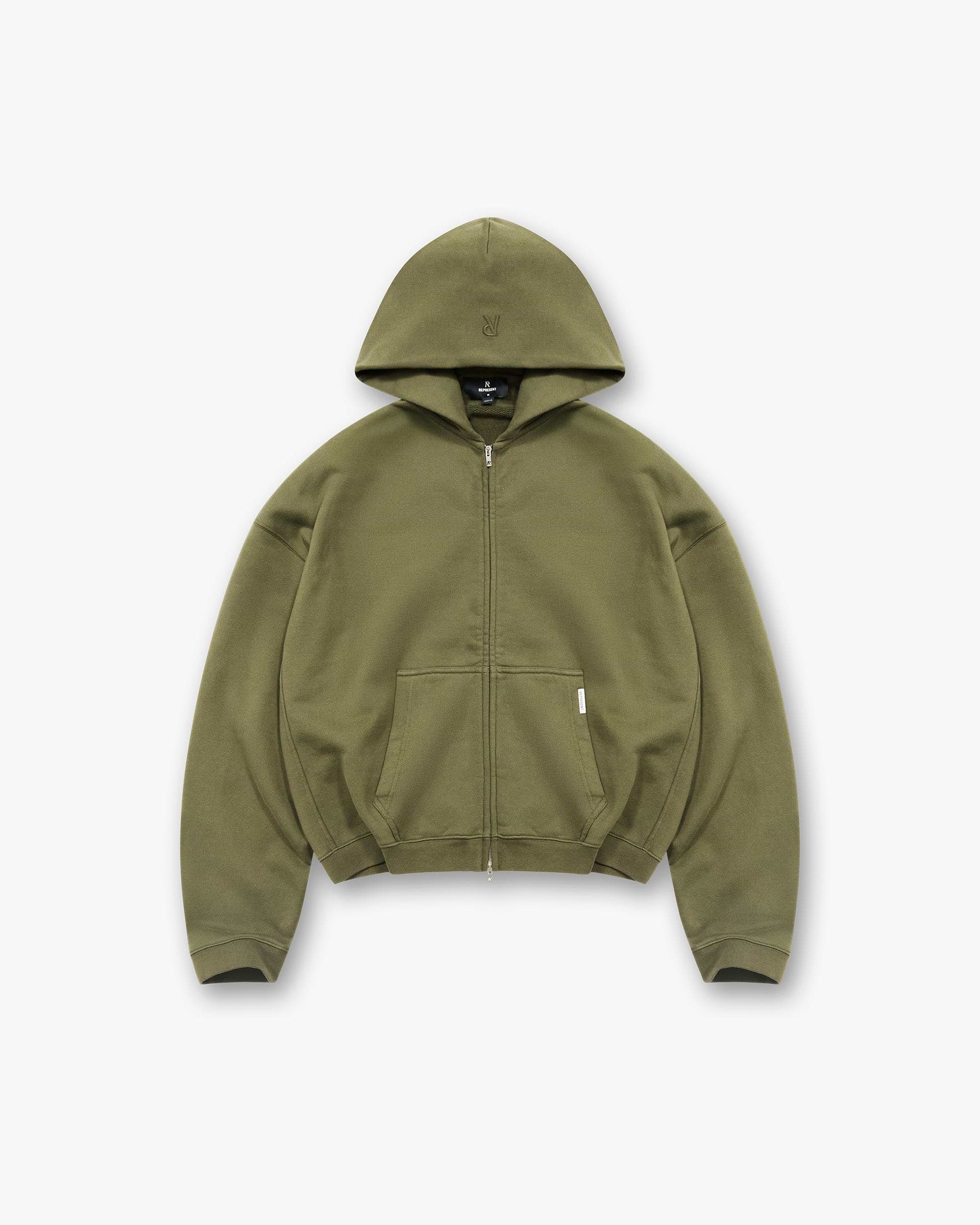 Initial Boxy Zip Through Hoodie - Army Green