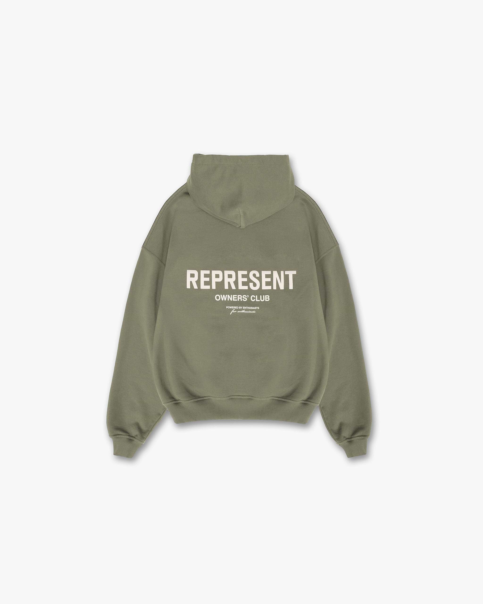 Front product image of a womens olive hoodie on a plain white background | Represent Owners Club Hoodie in Olive | Relaxed fit hoodie | Owners Club Hoodies | Represent Clo