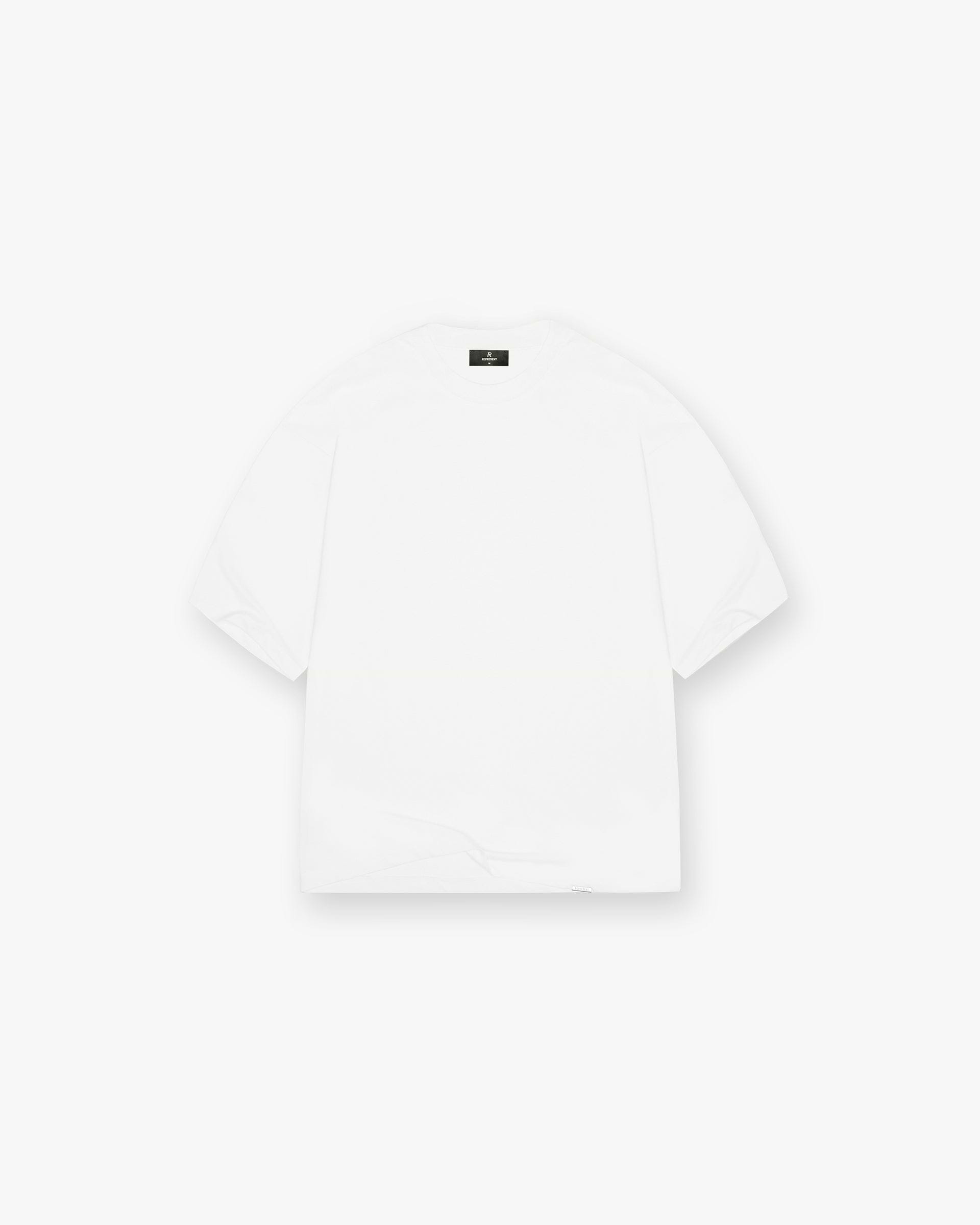 Front product image of a mens white t-shirt on a plain white background | Initial Boxy T-Shirt in Flat White | Boxy fit t-shirt with external overlock seams | Initial T-Shirts | Represent Clo