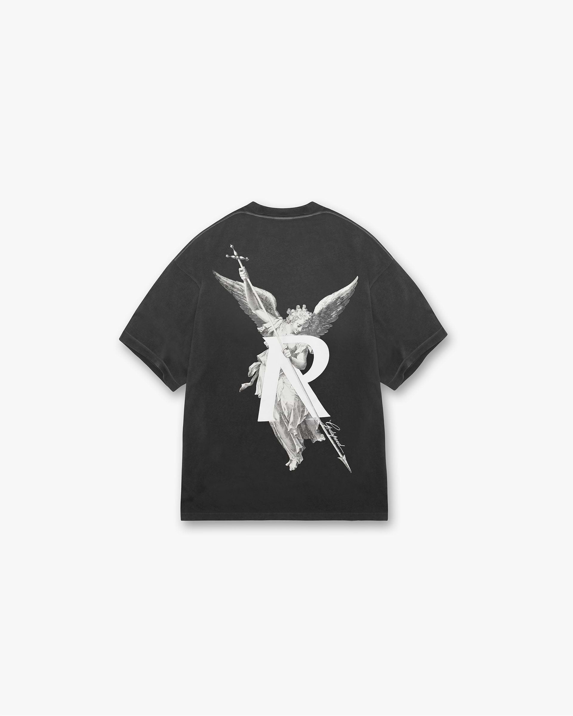 Back product image of a mens black t-shirt on a plain white background | Archangel T-Shirt in Stained Black | Slightly oversized t-shirt with fade out wash and high density graphic | FW24 T-Shirts | Represent Clo